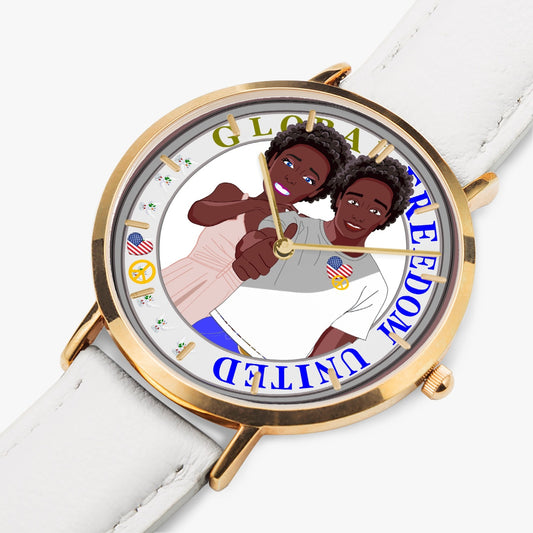 GLOBAL FREEDOM UNITED© Couple Afro American - Hot Selling Ultra-Thin Leather Strap Quartz Watch (Rose Gold With Indicators)