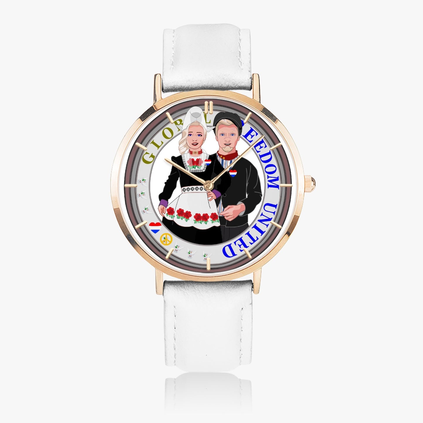 GLOBAL FREEDOM UNITED© Couple Nederland Hot Selling Ultra-Thin Leather Strap Quartz Watch (Rose Gold With Indicators)