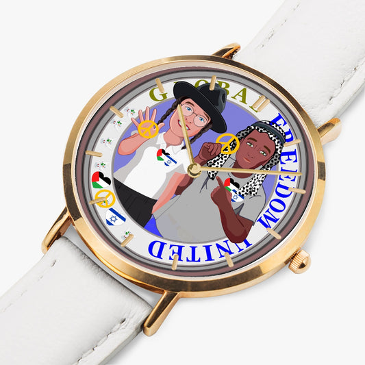 Hot Selling Ultra-Thin Leather Strap Quartz Watch (Rose Gold With Indicators) GLOBAL FREEDOM UNITED MEN ISRAEL & PALESTINA