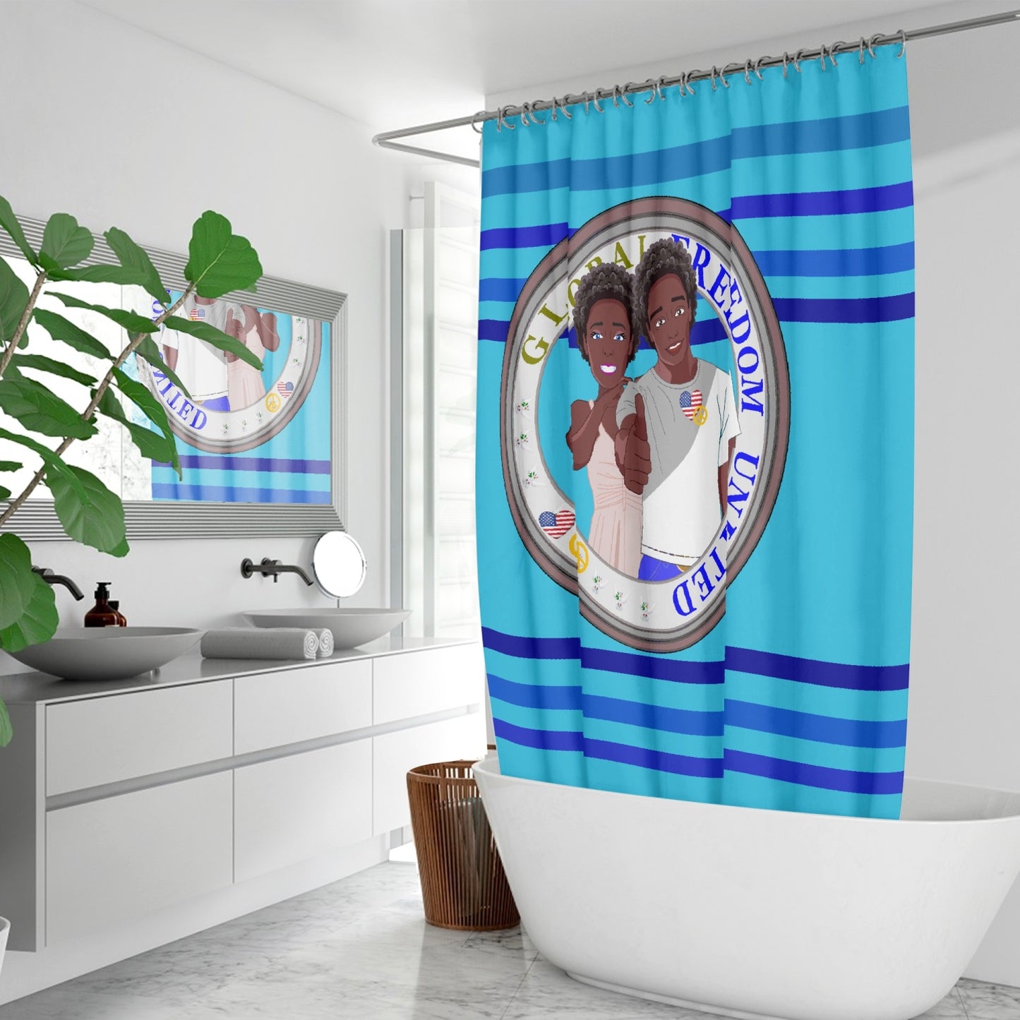 Quick-drying Shower Curtain GLOBAL FREEDOM UNITED© Couple USA Afro American Deep Blue