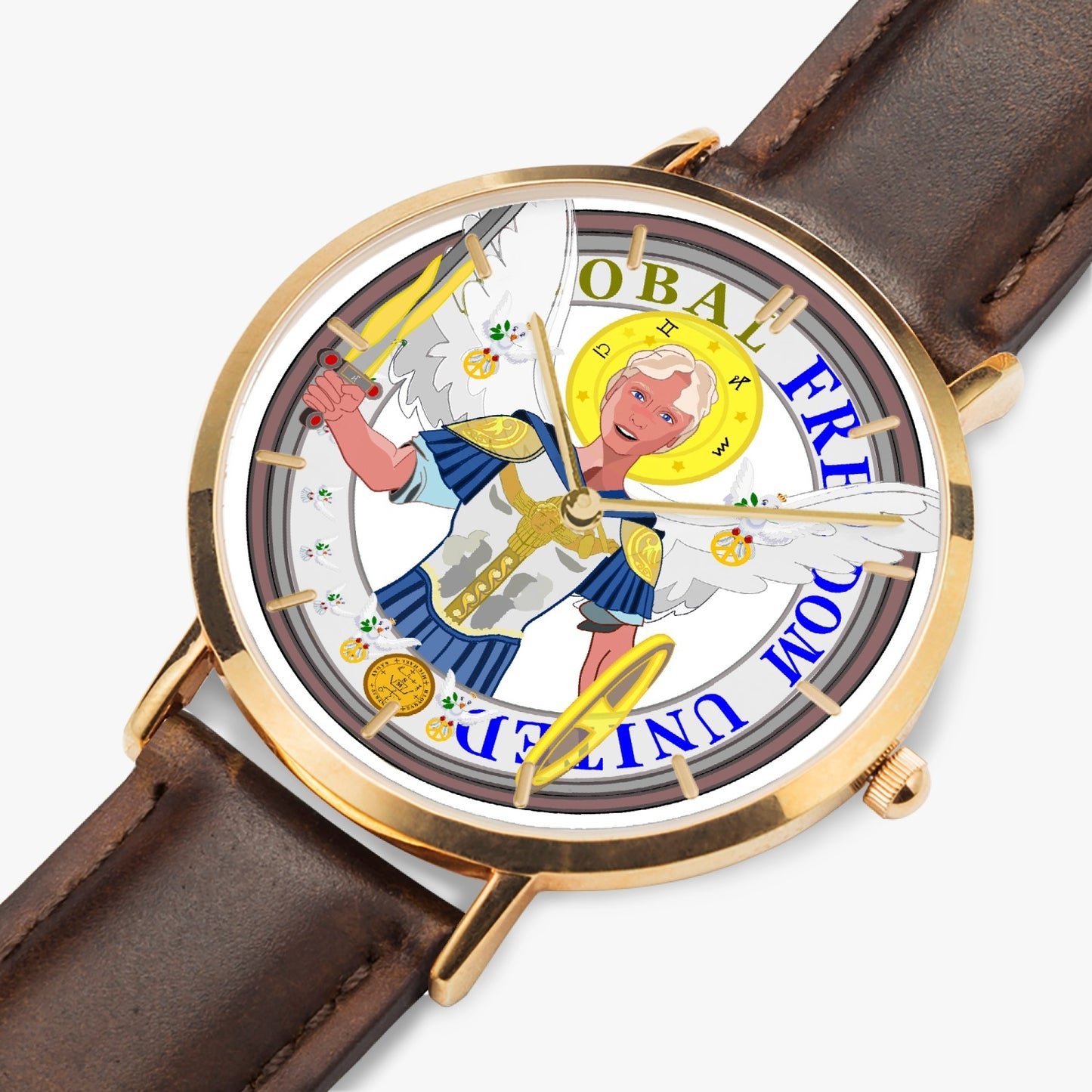 GLOBAL FREEDOM UNITED© ARCHANGEL MICHAEL NO1 Hot Selling Ultra-Thin Leather Strap Quartz Watch (Rose Gold With Indicators)