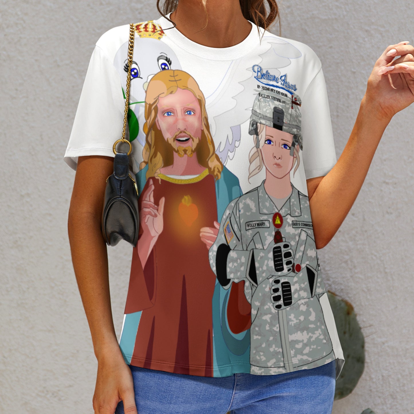 Women´s T-shirt GLOBAL FREEDOM UNITED© Jesus Christ For Fallen Us American Soldiers Wight