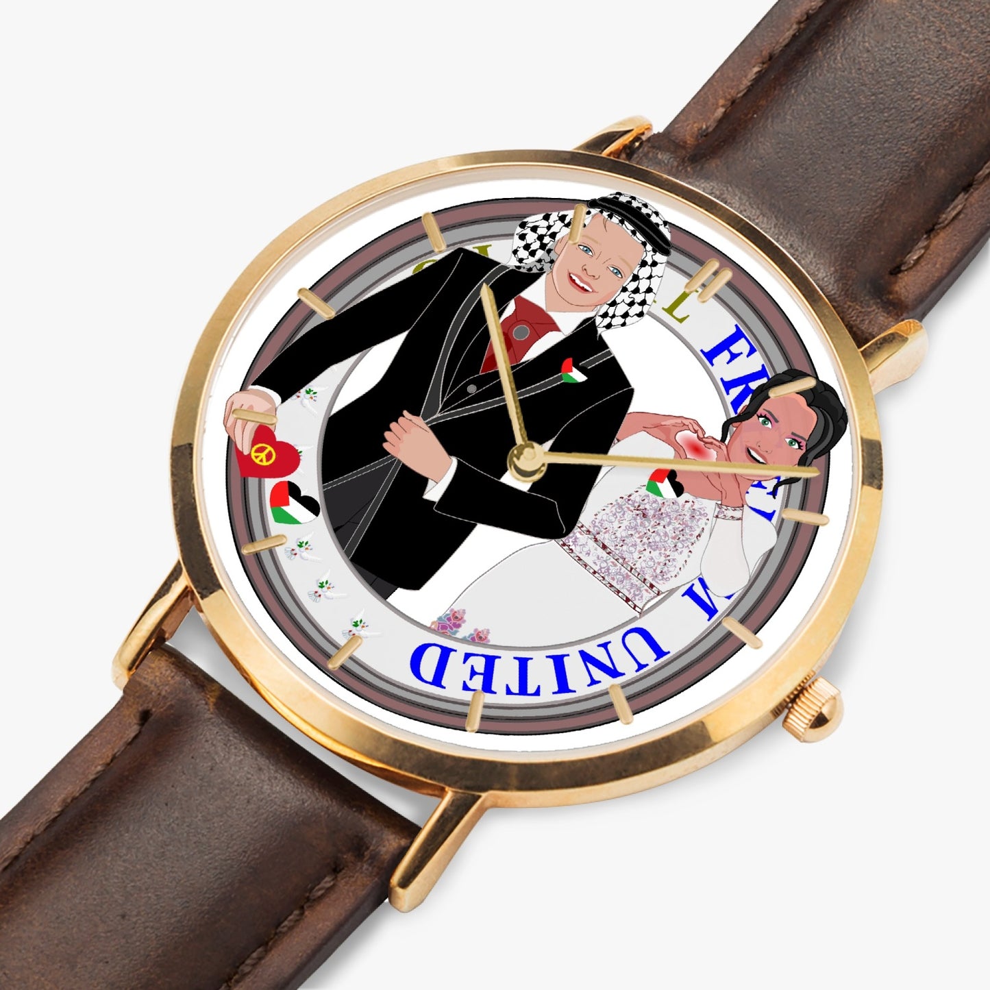 GLOBAL FREEDOM UNITED© Couple Palestina Hot Selling Ultra-Thin Leather Strap Quartz Watch (Rose Gold With Indicators)