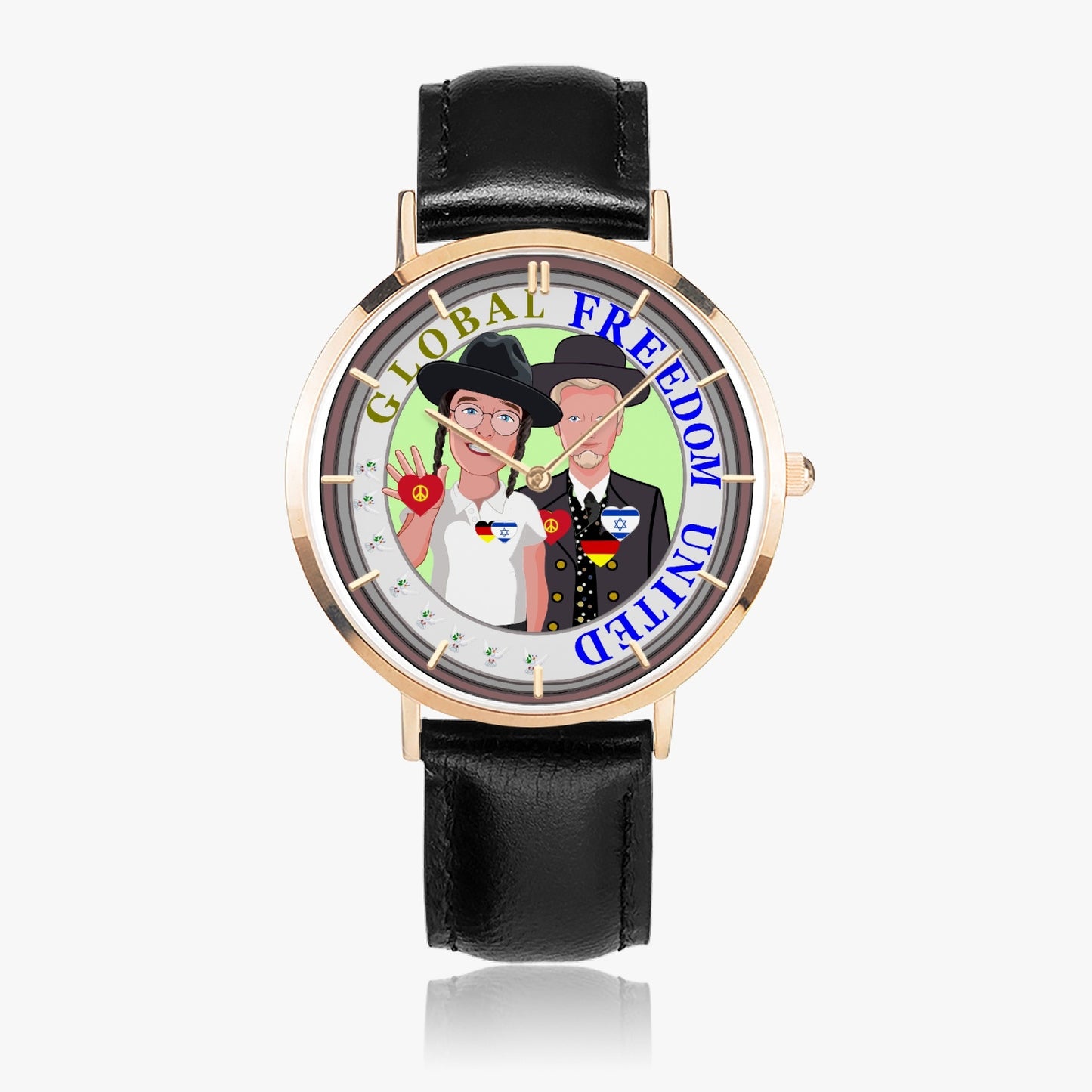 Hot Selling Ultra-Thin Leather Strap Quartz Watch (Rose Gold With Indicators) GLOBAL FREEDOM UNITED© MEN ISRAEL & GERMANY