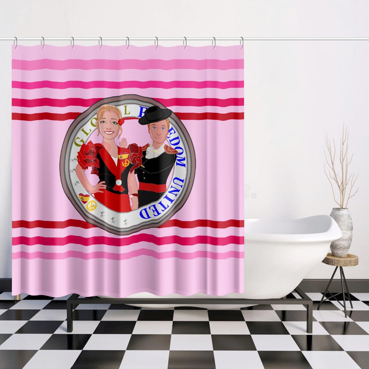 GLOBAL FREEDOM UNITED© Couple Spain Pink1 Quick-drying Shower Curtain