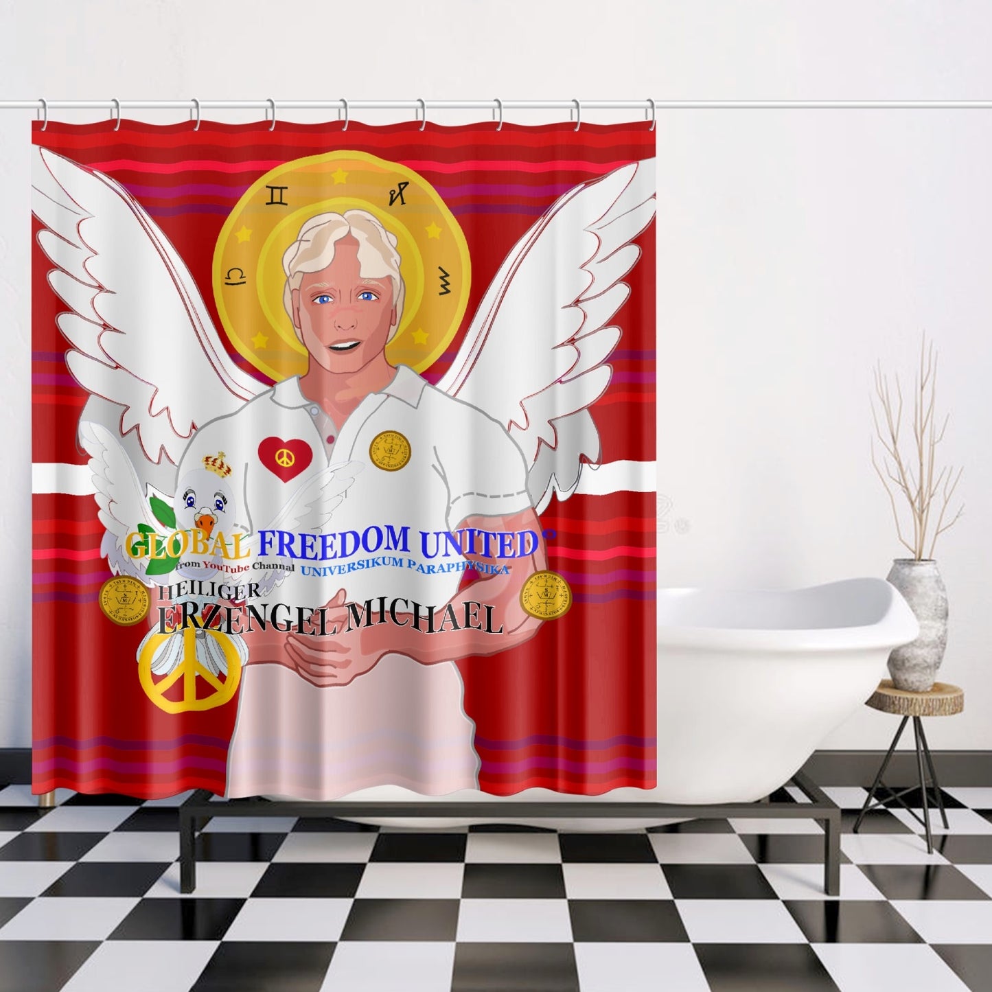 Quick-drying Shower Curtain GLOBAL FREEDOM UNITED ARCGANGEL MICHAEL GERMAN RED