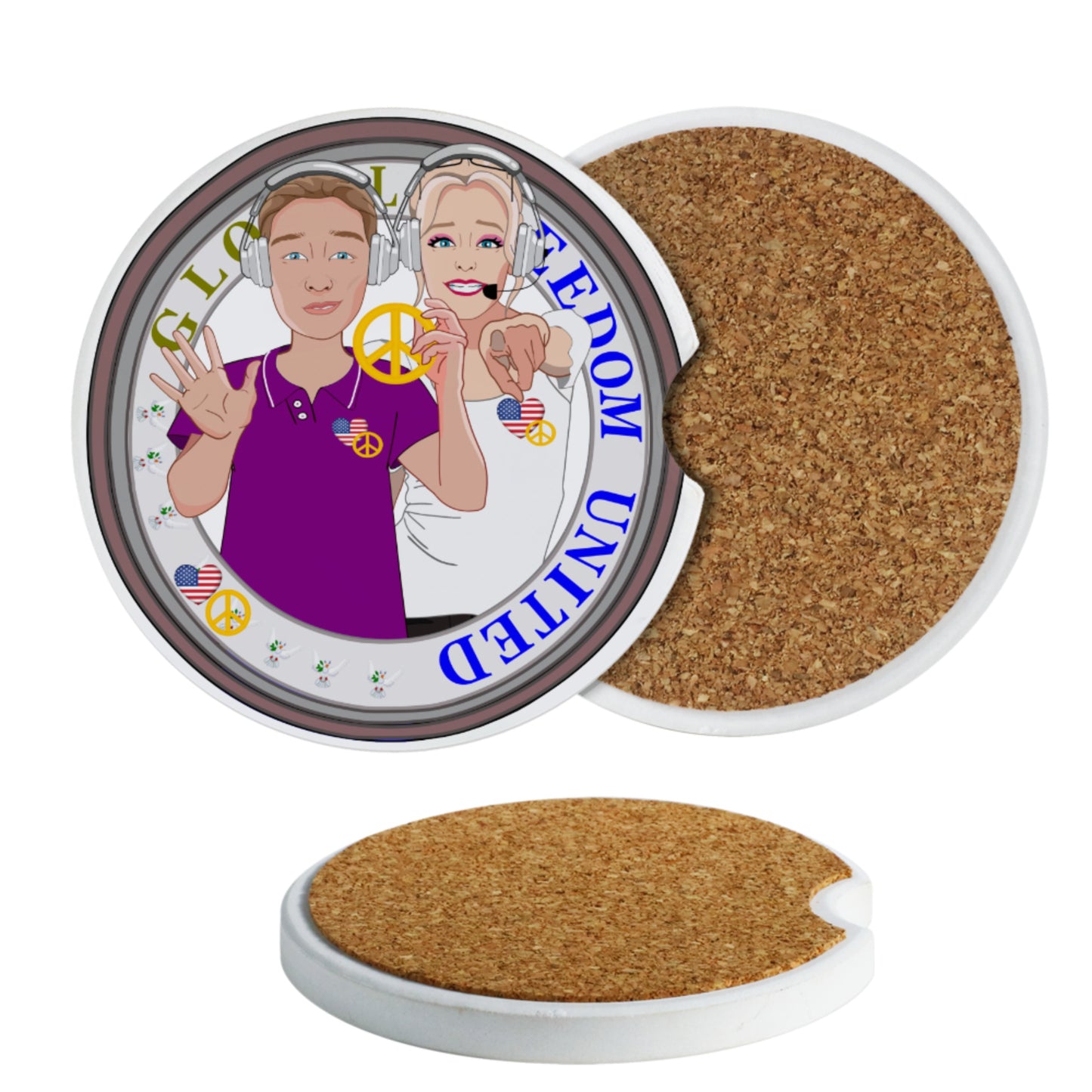 Ceramic Car Coaster GLOBAL FREEDOM UNITED© Couple USA Wight American