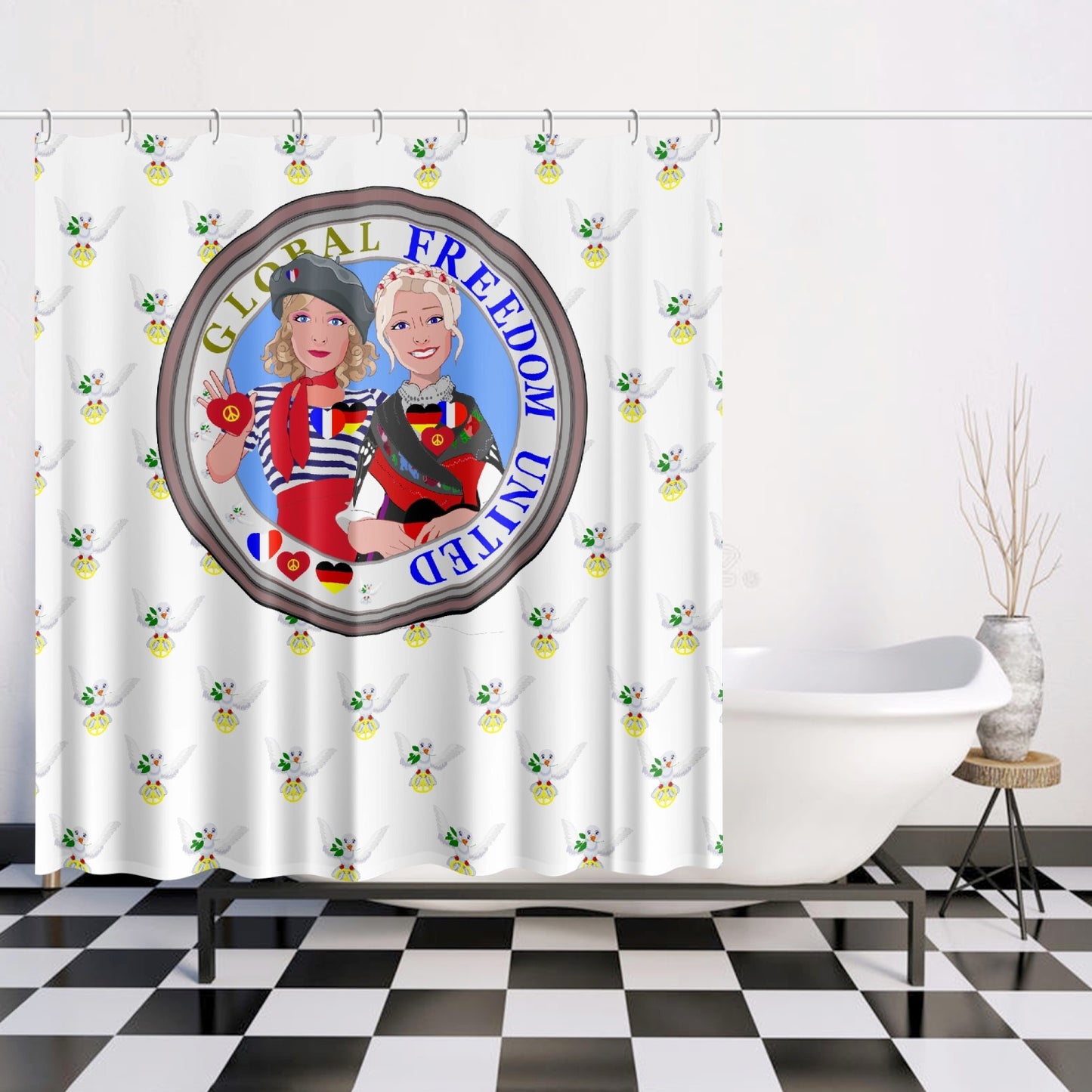 GLOBAL FREEDOM UNITED WOMEN FRENCH & GERMANY OLD PEACE WIGHT Quick-drying Shower Curtain