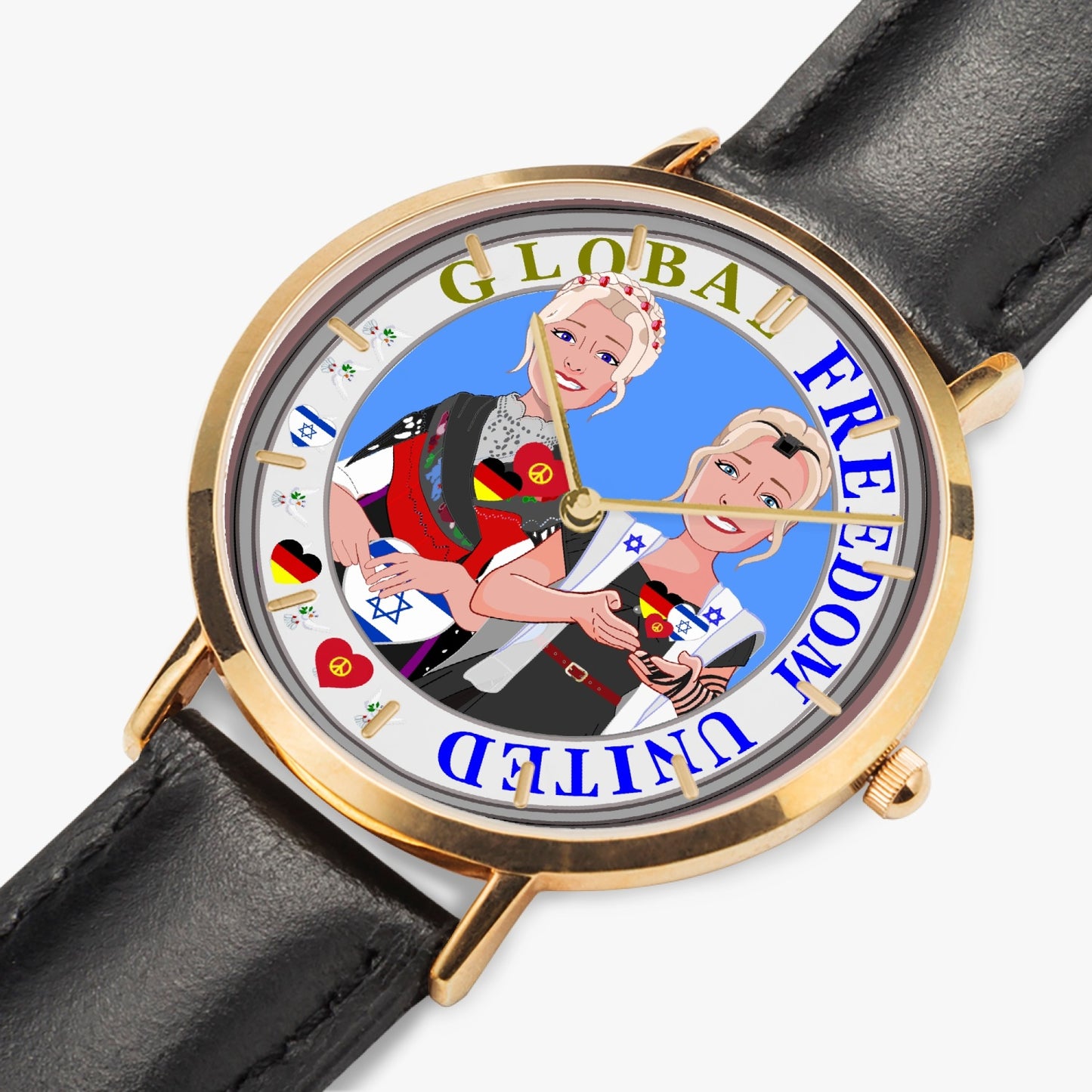 GLOBAL FREEDOM UNITED© Hot Selling Ultra-Thin Leather Strap Quartz Watch (Rose Gold With Indicators) Women Germany & Israel