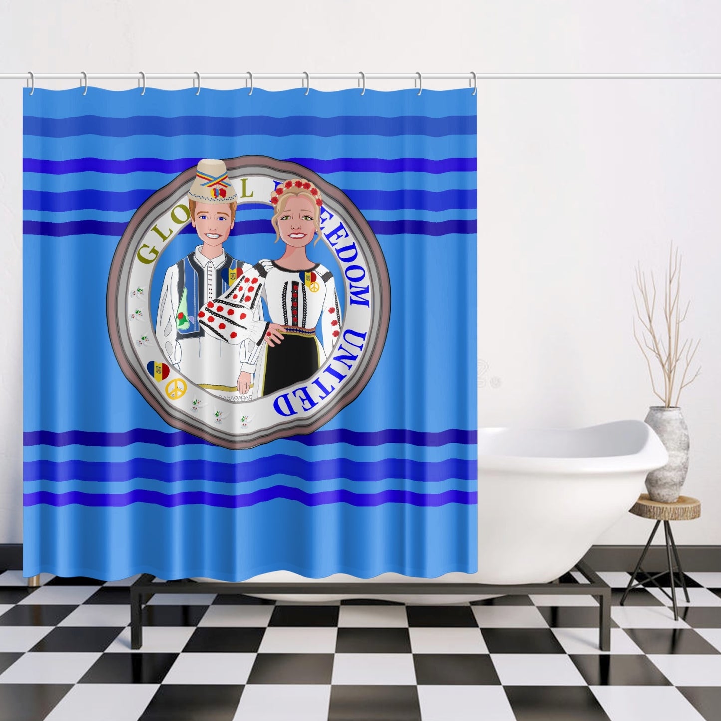 GLOBAL FREEDOM UNITED© Couple Romania Deep Blue - Quick-drying Shower Curtain