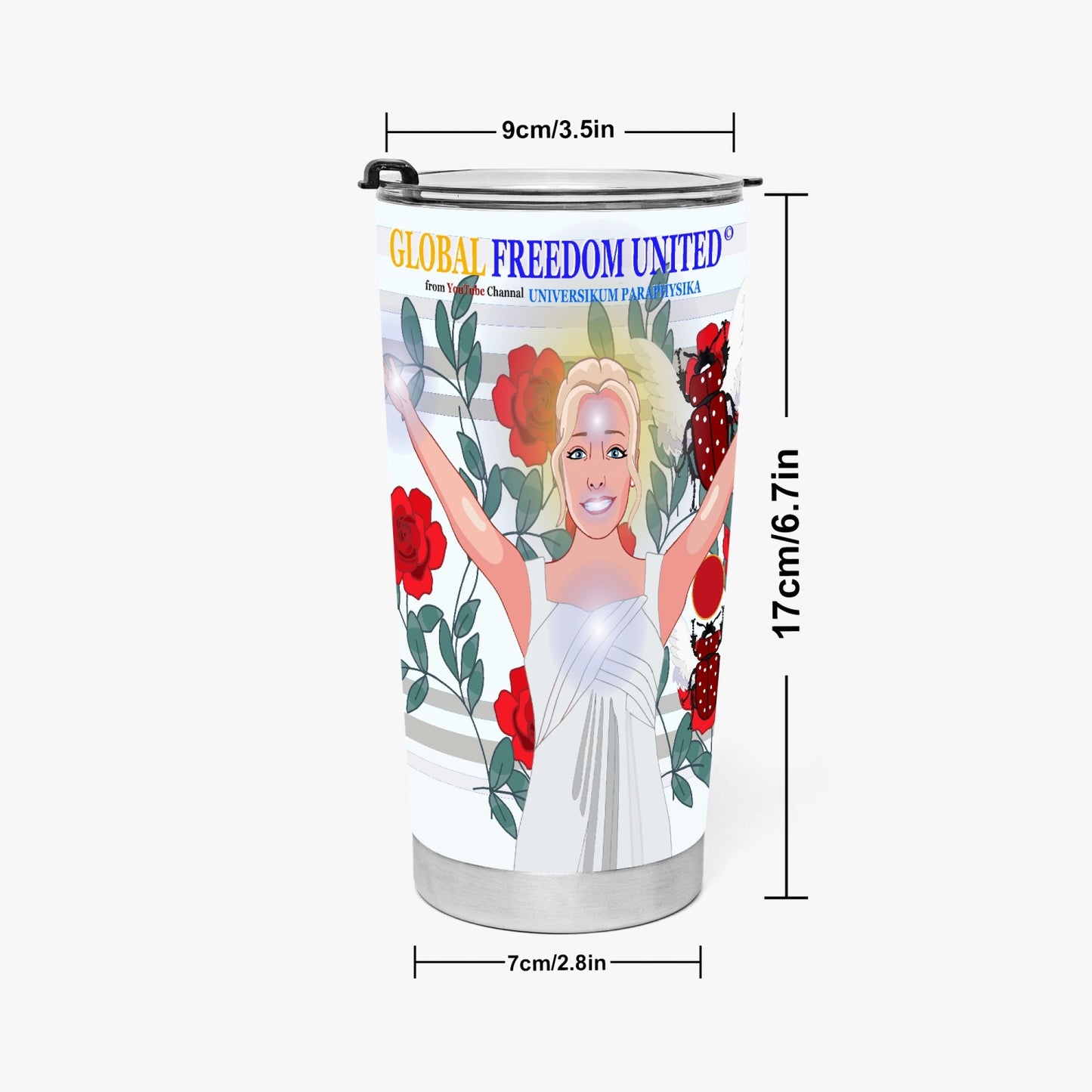Tumbler GLOBAL FREEDOM UNITED© UNIVERSIKUM PARAPHYSIKA SPIRITUEL RED ROSES with Skarabeus Beetle