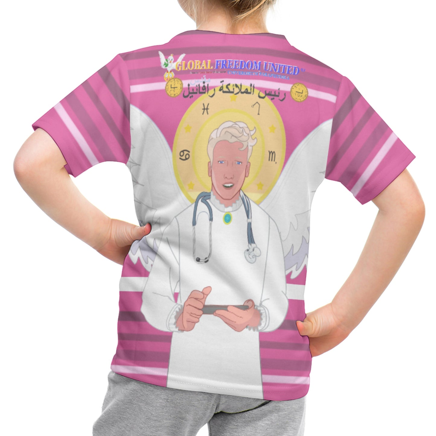 Kid´s T-shirt GLOBAL FREEDOM UNITED© Archangel Rafael Arabic Pink2