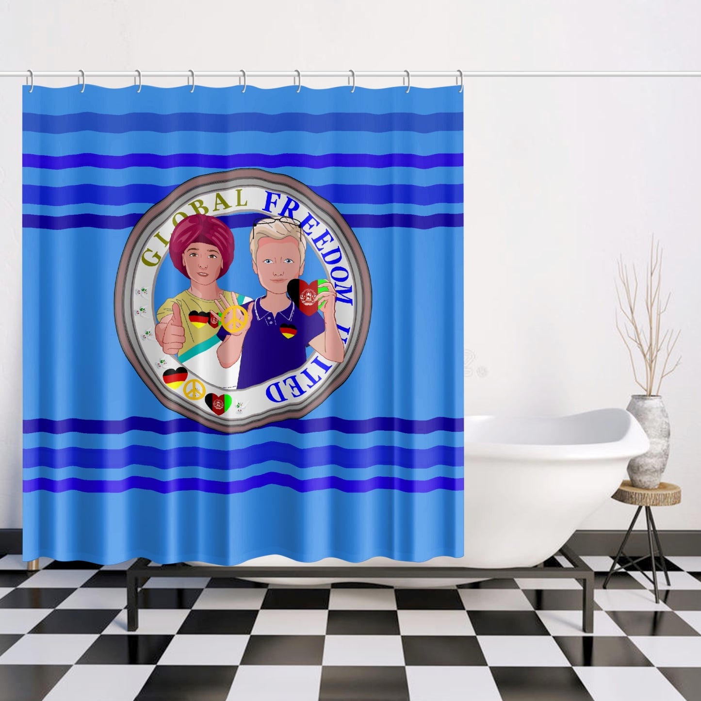 Quick-drying Shower Curtain GLOBAL FREEDOM UNITED© Men Afghanistan & Germany Dark Blue