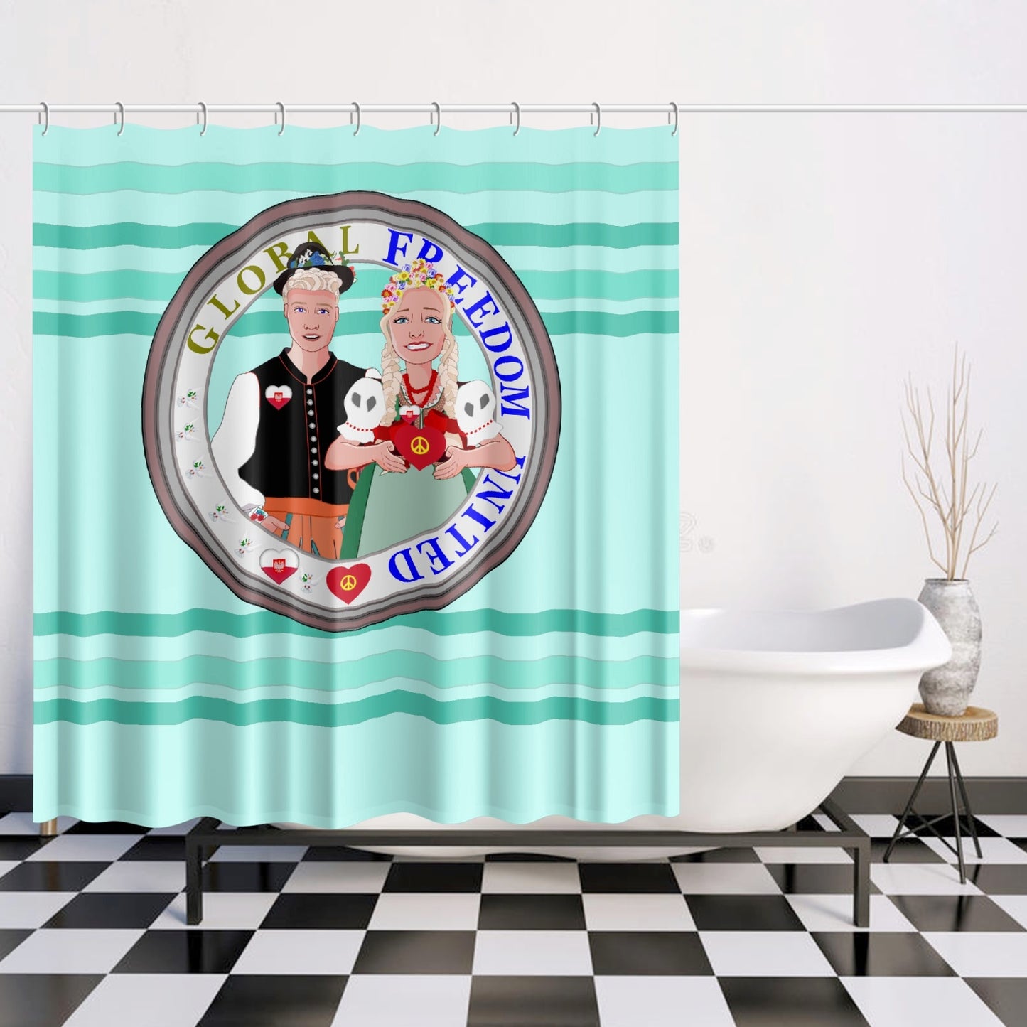 GLOBAL FREEDOM UNITED© Couple Poland Light Green - Quick-drying Shower Curtain
