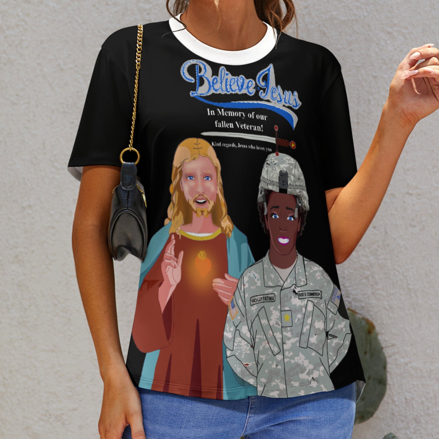 Women´s Black T-shirt Black GLOBAL FREEDOM UNITED© Jesus Christ For Fallen Veteran US  Afro American Soldiers V2