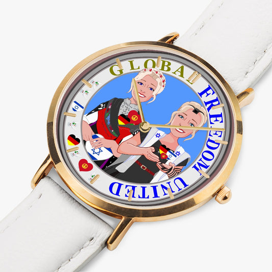 GLOBAL FREEDOM UNITED© Hot Selling Ultra-Thin Leather Strap Quartz Watch (Rose Gold With Indicators) Women Germany & Israel