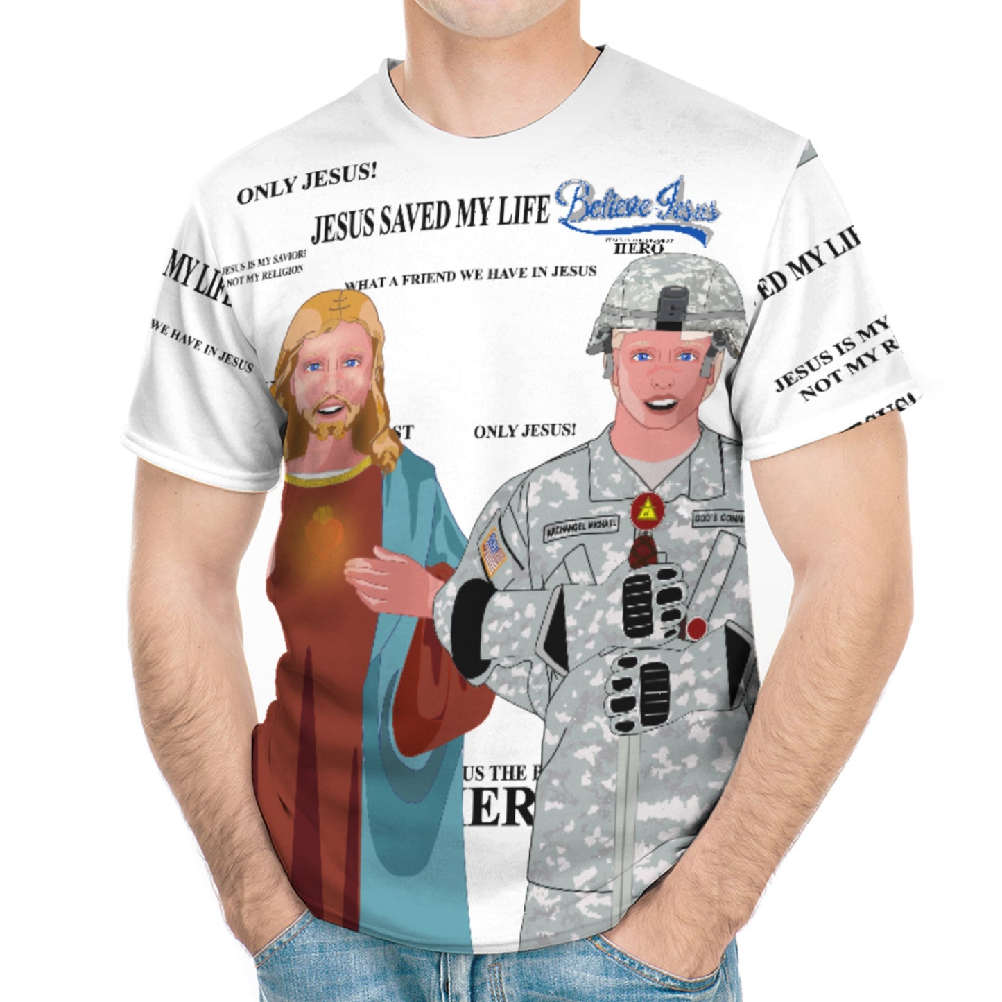Men´s T-shirt Wight GLOBAL FREEDOM UNITED© Jesus Is A Hero Veteran For US American Soldiers