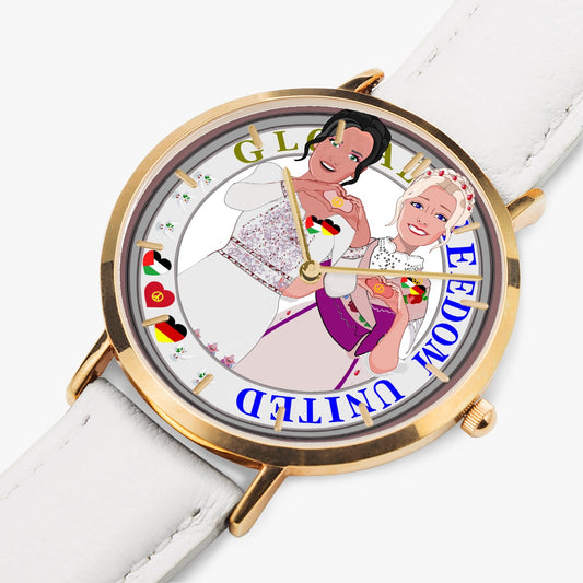 GLOBAL FREEDOM UNITED© Hot Selling Ultra-Thin Leather Strap Quartz Watch (Rose Gold With Indicators) Women Palestina & Germany