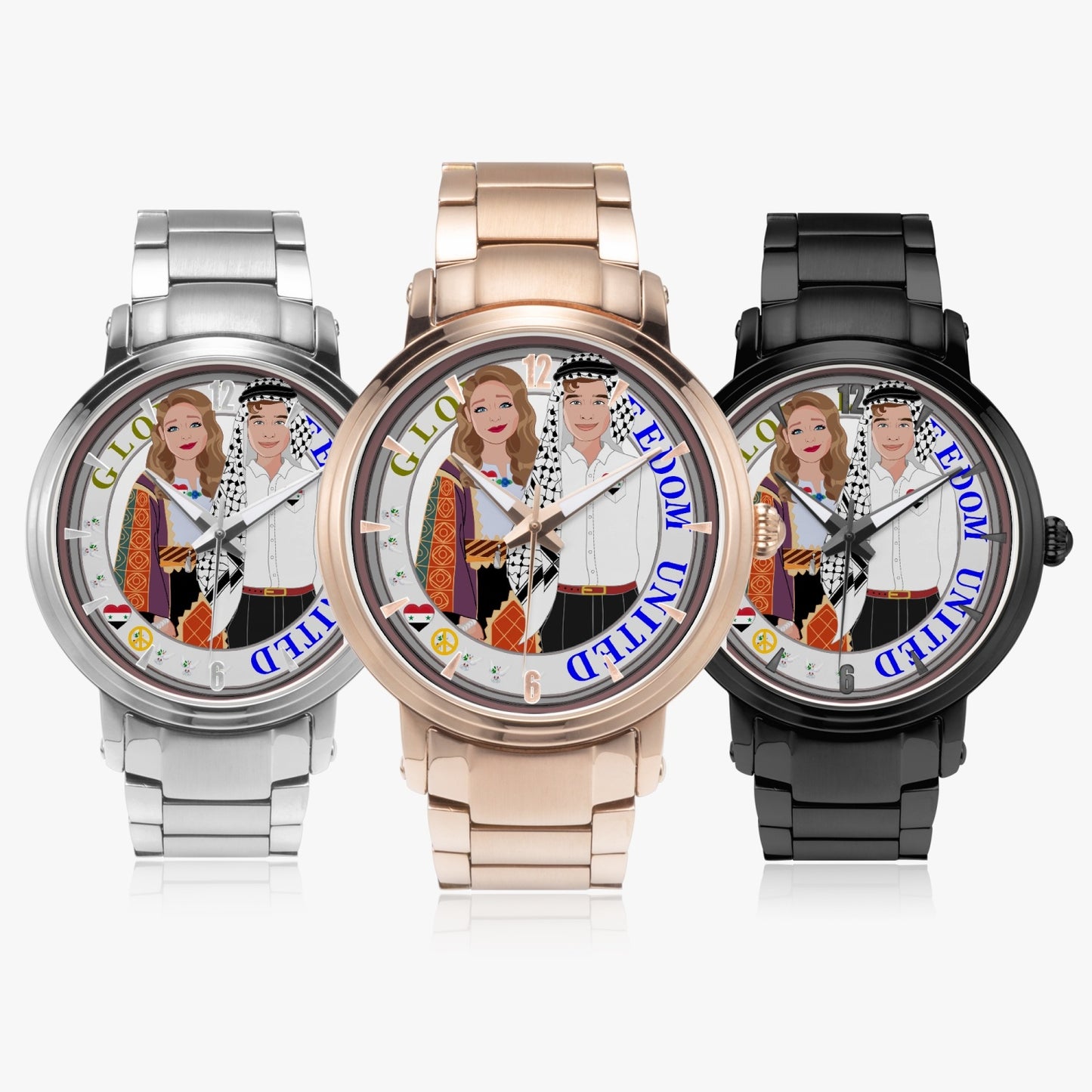 GLOBAL FREEDOM UNITED© Couple Syria New Steel Strap Automatic Watch (With Indicators)
