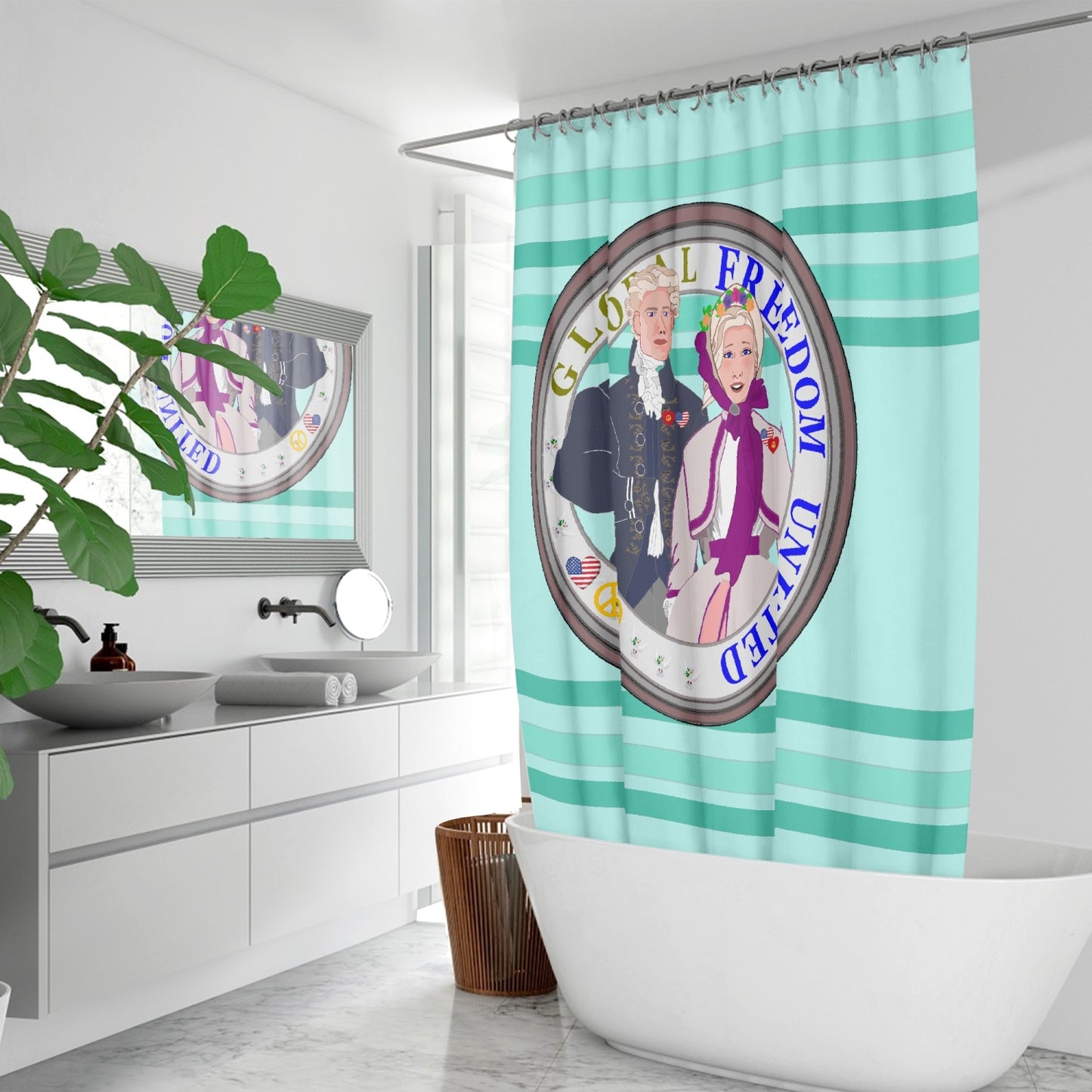 GLOBAL FREEDOM UNITED© Couple USA Georg Washington Light Green - Quick-drying Shower Curtain