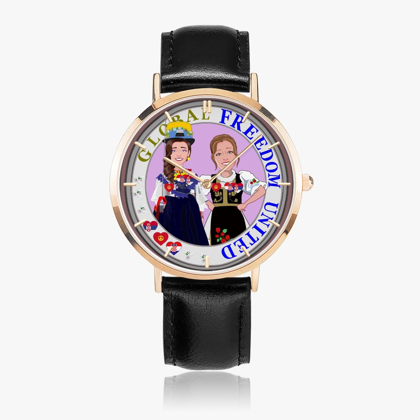 GLOBAL FREEDOM UNITED© Hot Selling Ultra-Thin Leather Strap Quartz Watch (Rose Gold With Indicators) Women Croatia & Serbia V1