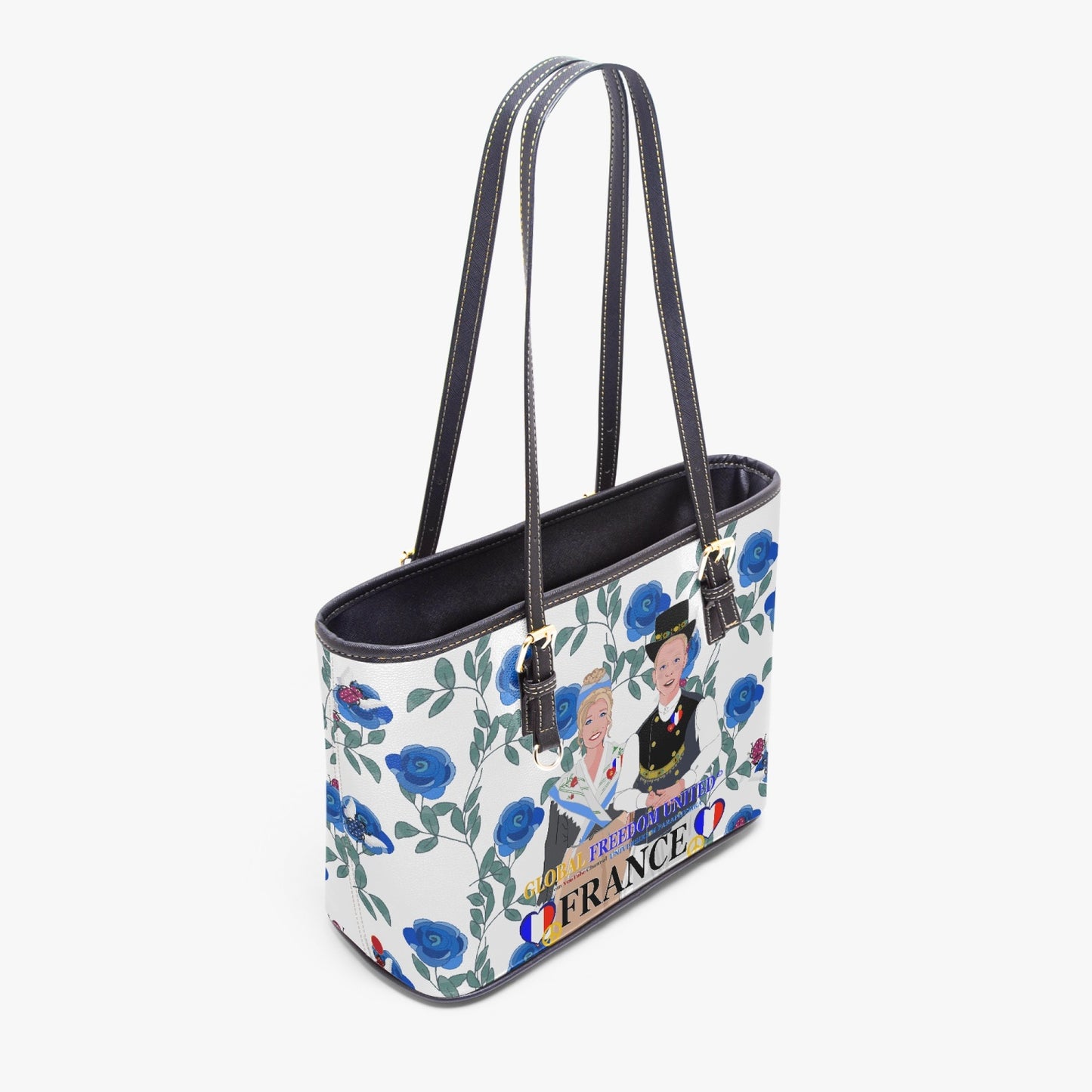 GLOBAL FREEDOM UNITED© Couple French Blue Roses - Large Leather Tote Bag for Women