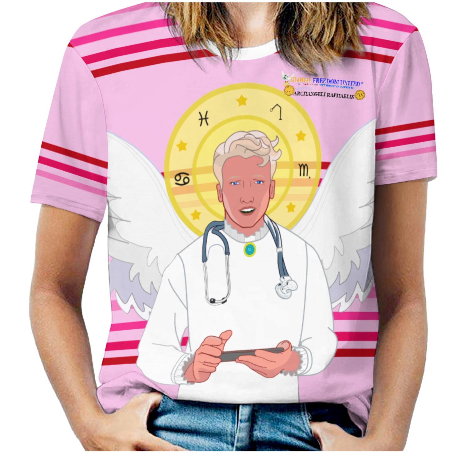 Women´s T-shirt GLOBAL FREEDOM UNITED© Archangel Rafael Old Latin Pink1