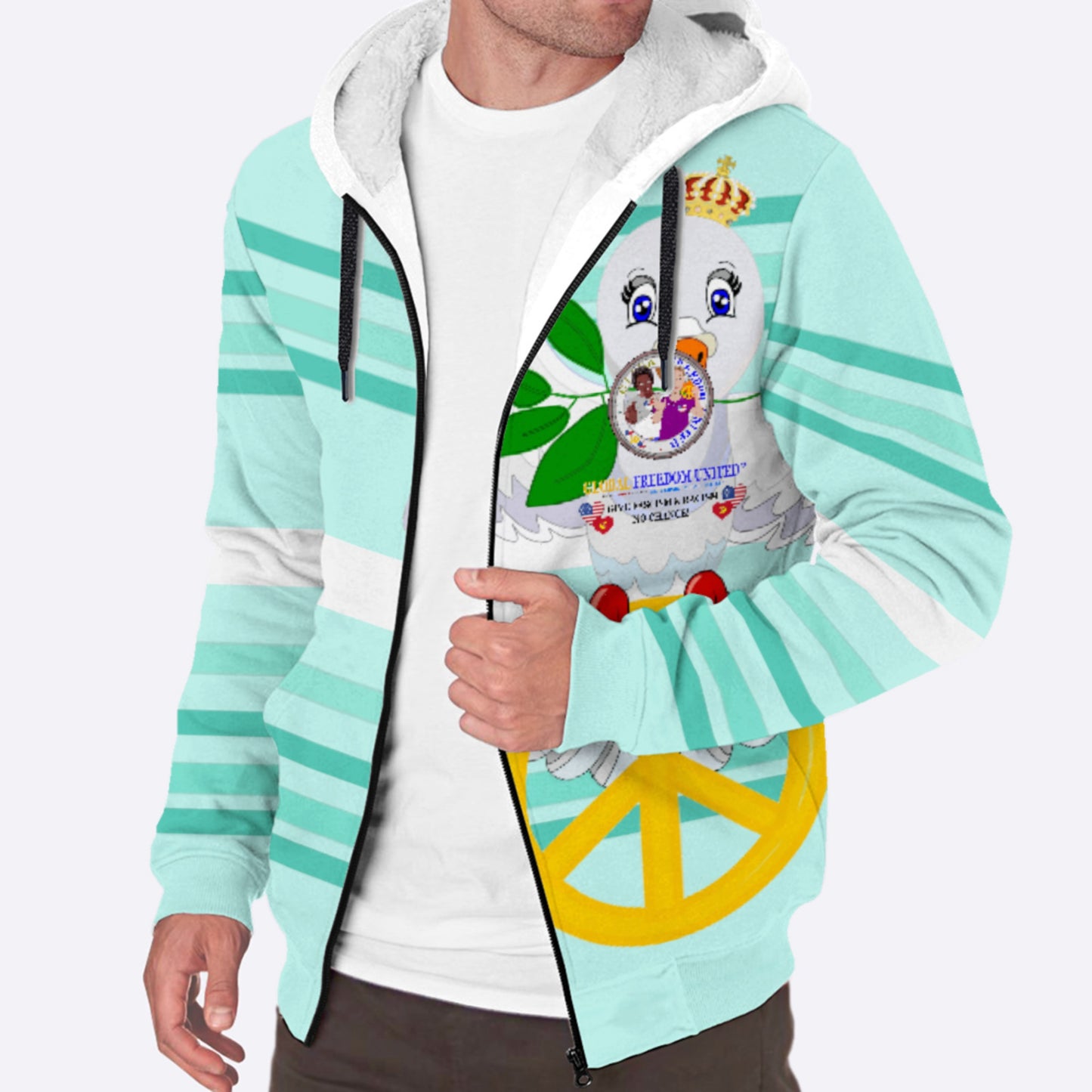 Plush Hoodie GLOBAL FREEDOM UNITED© Men Anti Racism & Fascism USA  Light Green