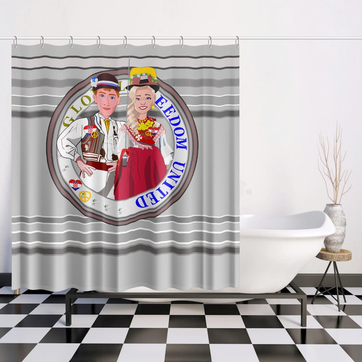 GLOBAL FREEDOM UNITED© Couple Croatia Grey - Quick-drying Shower Curtain