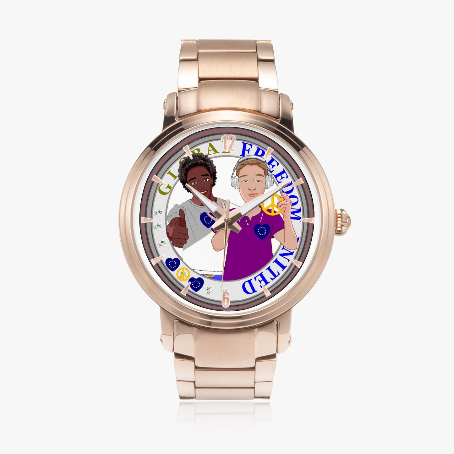 GLOBAL FREEDOM UNITED© New Steel Strap Automatic Watch (With Indicators) Men ANTI FASCISM & RACISM EUROPE