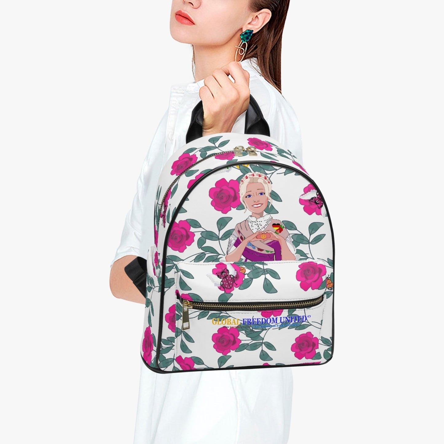 All Over Printed PU Backpack GLOBAL FREEDOM UNITED© Couple Germany Skarabeus Beetle Women  Pink