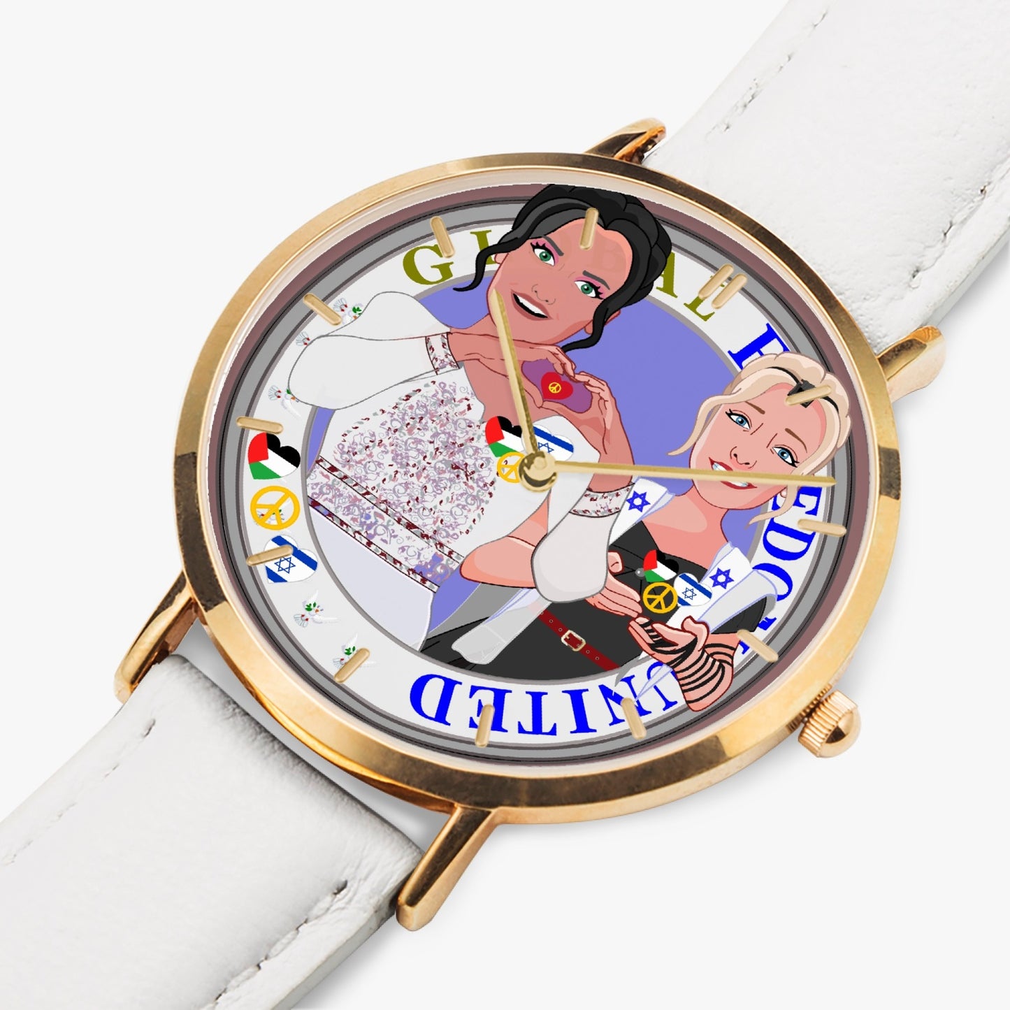 GLOBAL FREEDOM UNITED© Hot Selling Ultra-Thin Leather Strap Quartz Watch (Rose Gold With Indicators) Women Palestina & Israel