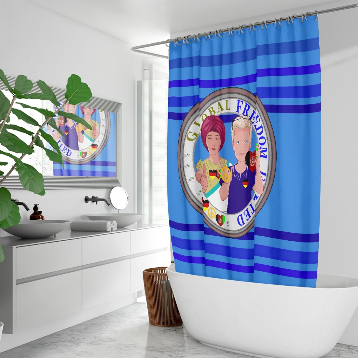 Quick-drying Shower Curtain GLOBAL FREEDOM UNITED© Men Afghanistan & Germany Dark Blue