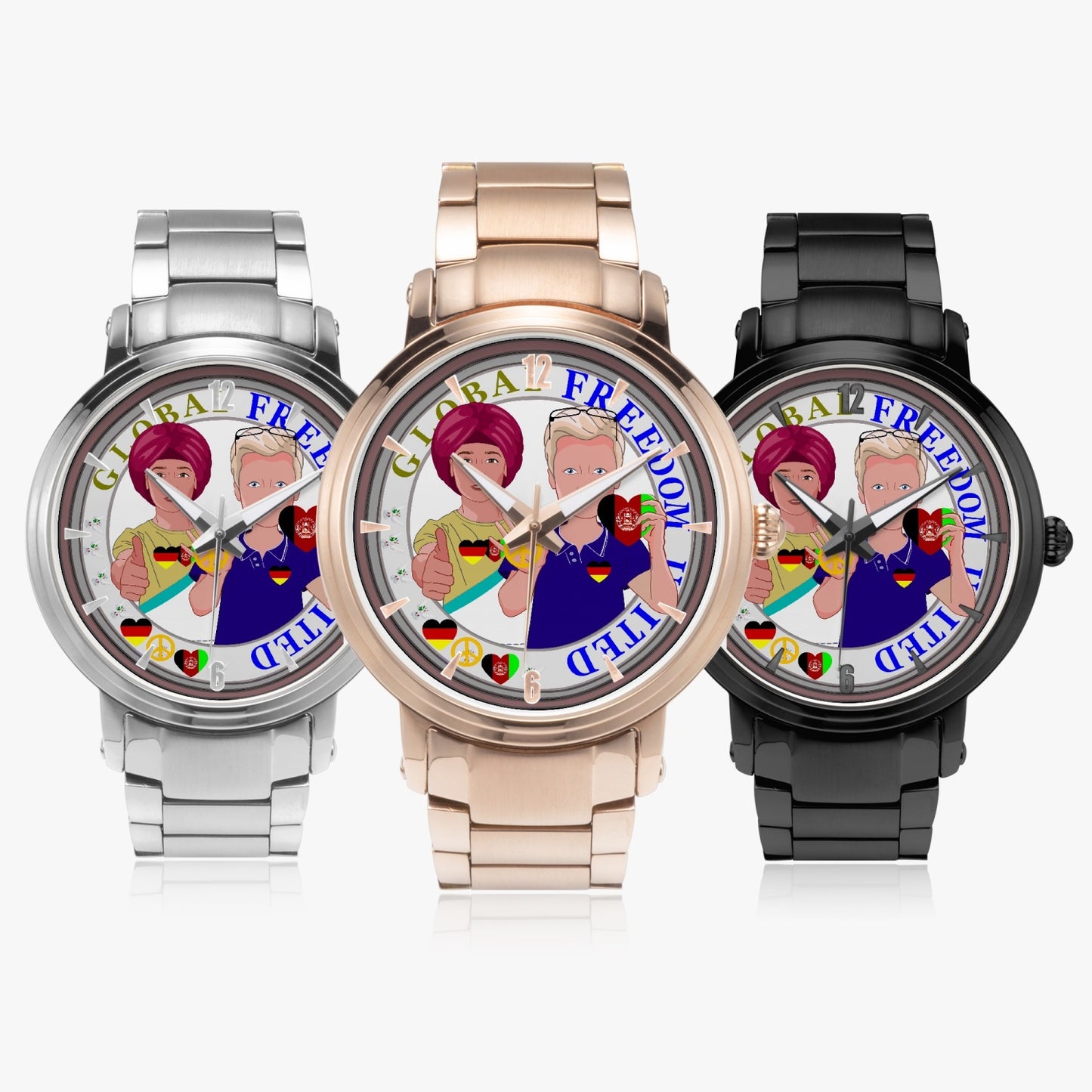 GLOBAL FREEDOM UNITED© New Steel Strap Automatic Watch (With Indicators) Men Afghanistan & Germany V2