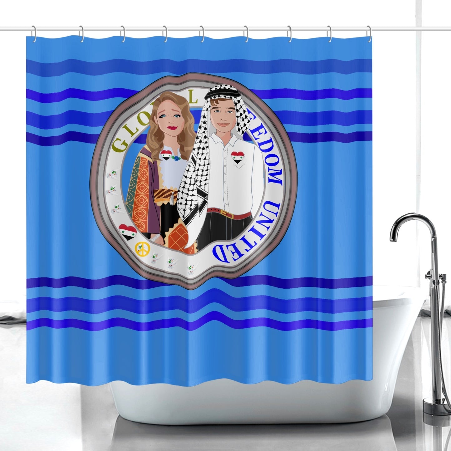 GLOBAL FREEDOM UNITED© Couple Syria Deep Blue - Quick-drying Shower Curtain
