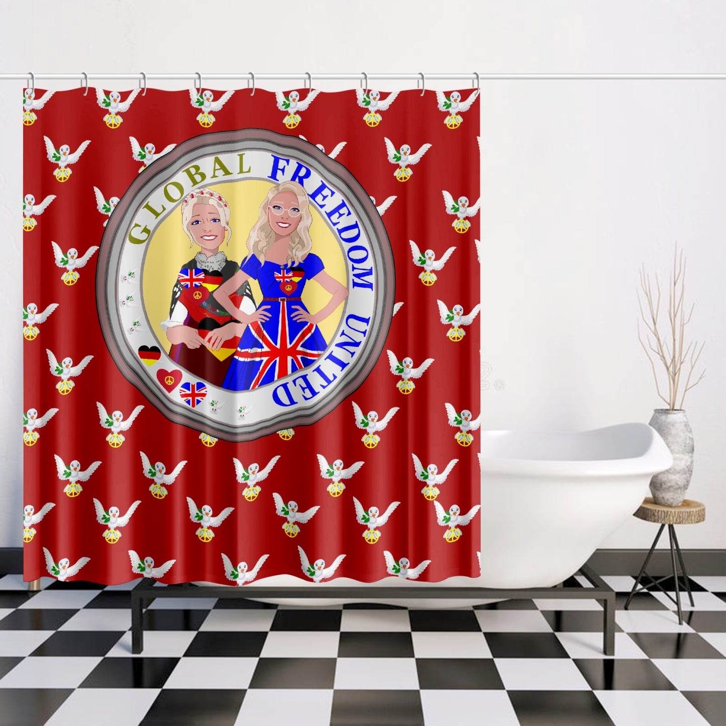 GLOBAL FREEDOM UNITED WOMEN ENGLAND & GERMANY OLD PEACE RED Quick-drying Shower Curtain