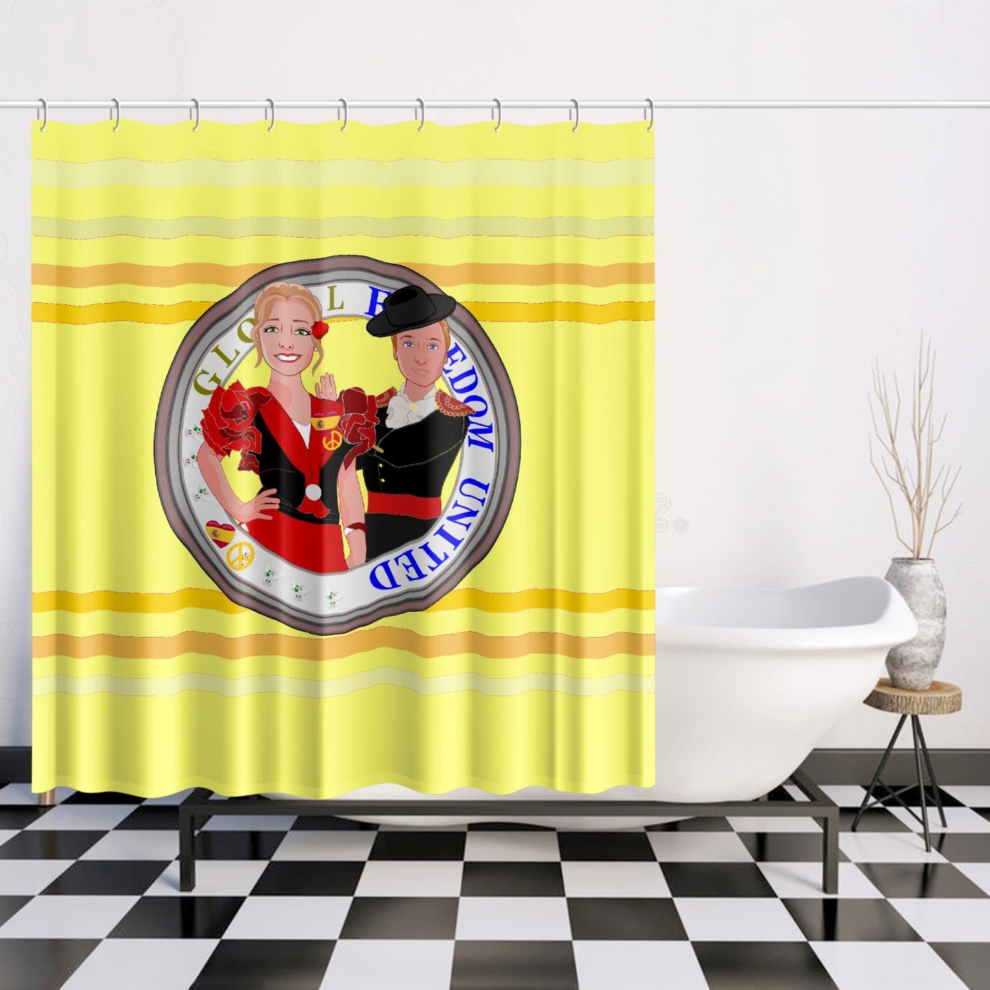 GLOBAL FREEDOM UNITED© Couple Spain Yellow Quick-drying Shower Curtain