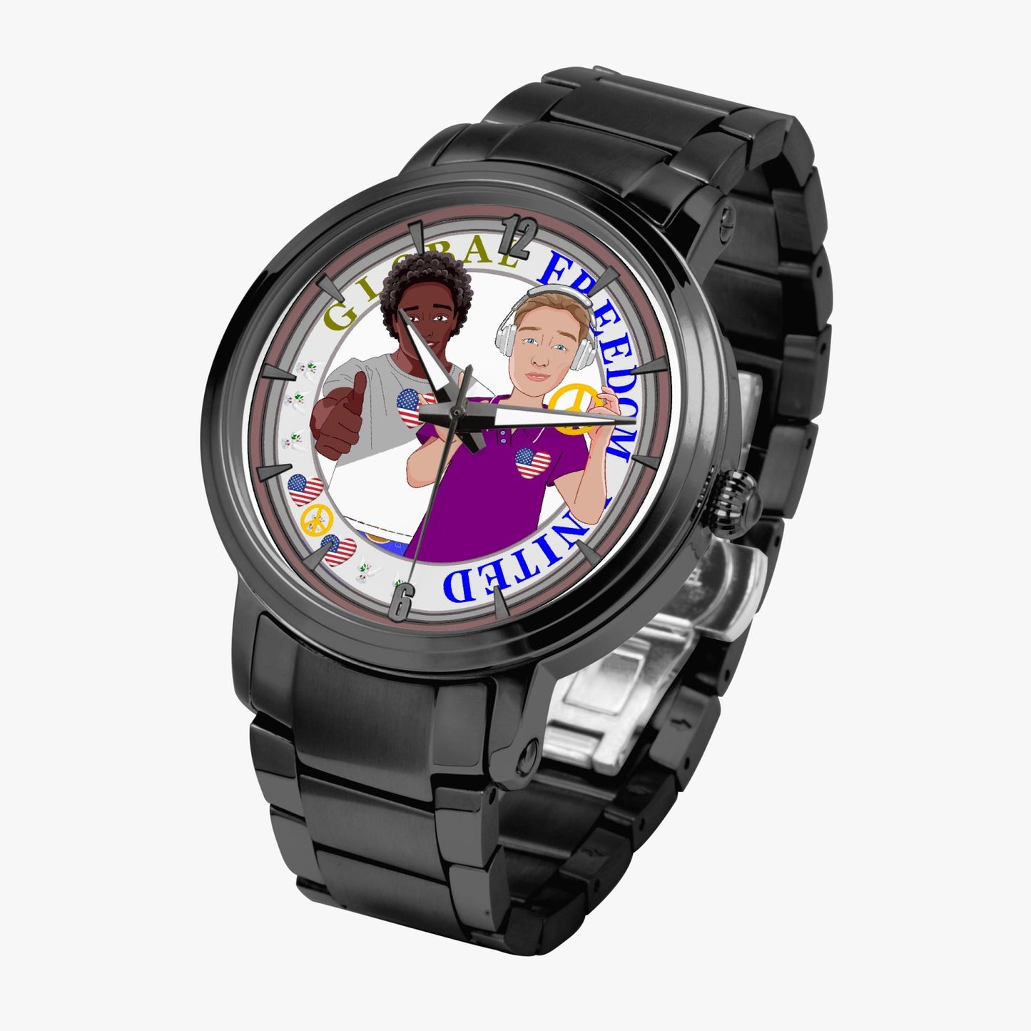 GLOBAL FREEDOM UNITED© New Steel Strap Automatic Watch (With Indicators) Men ANTI FASCISM & RACISM USA