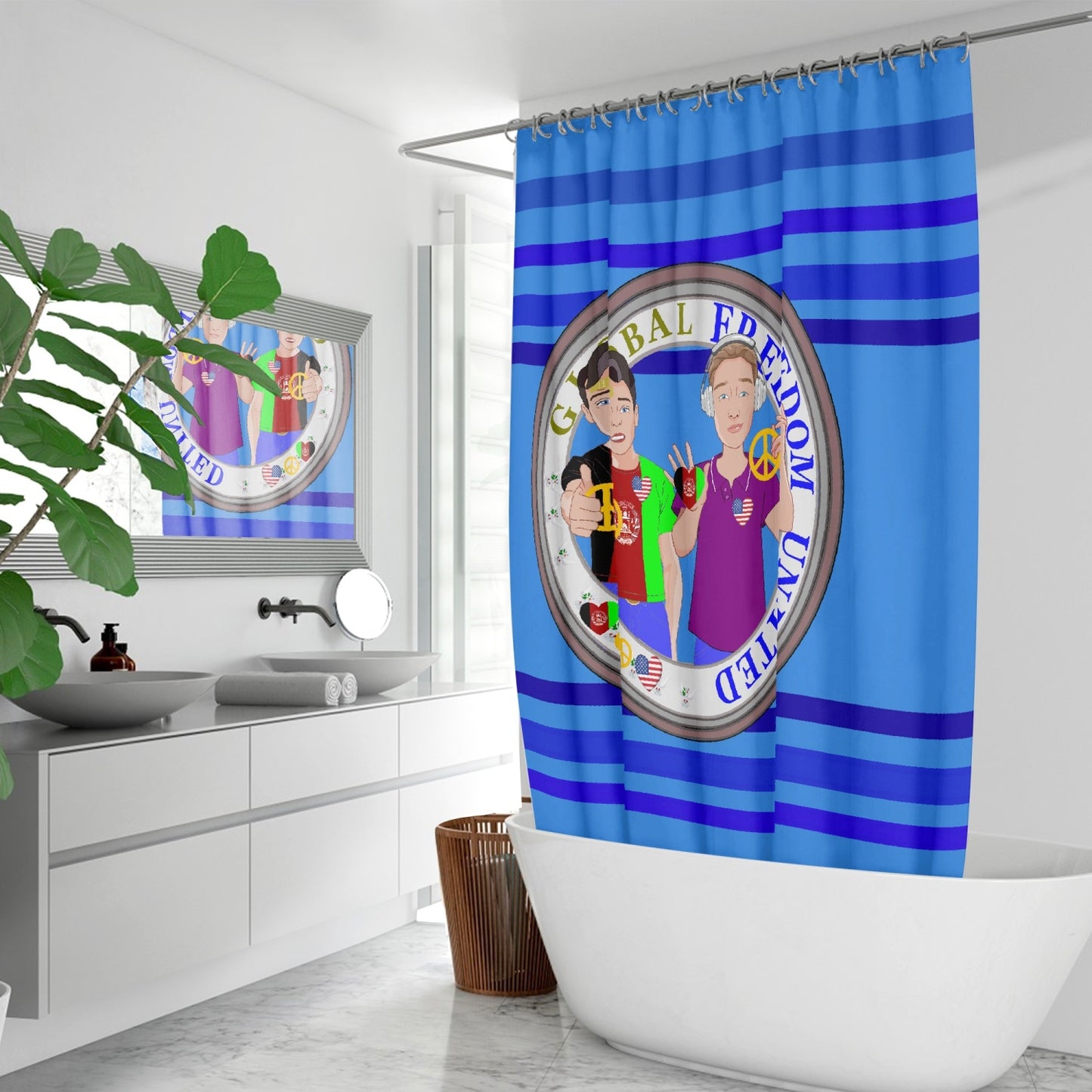 Quick-drying Shower Curtain GLOBAL FREEDOM UNITED© Men Afghanistan & USA Deep Blue