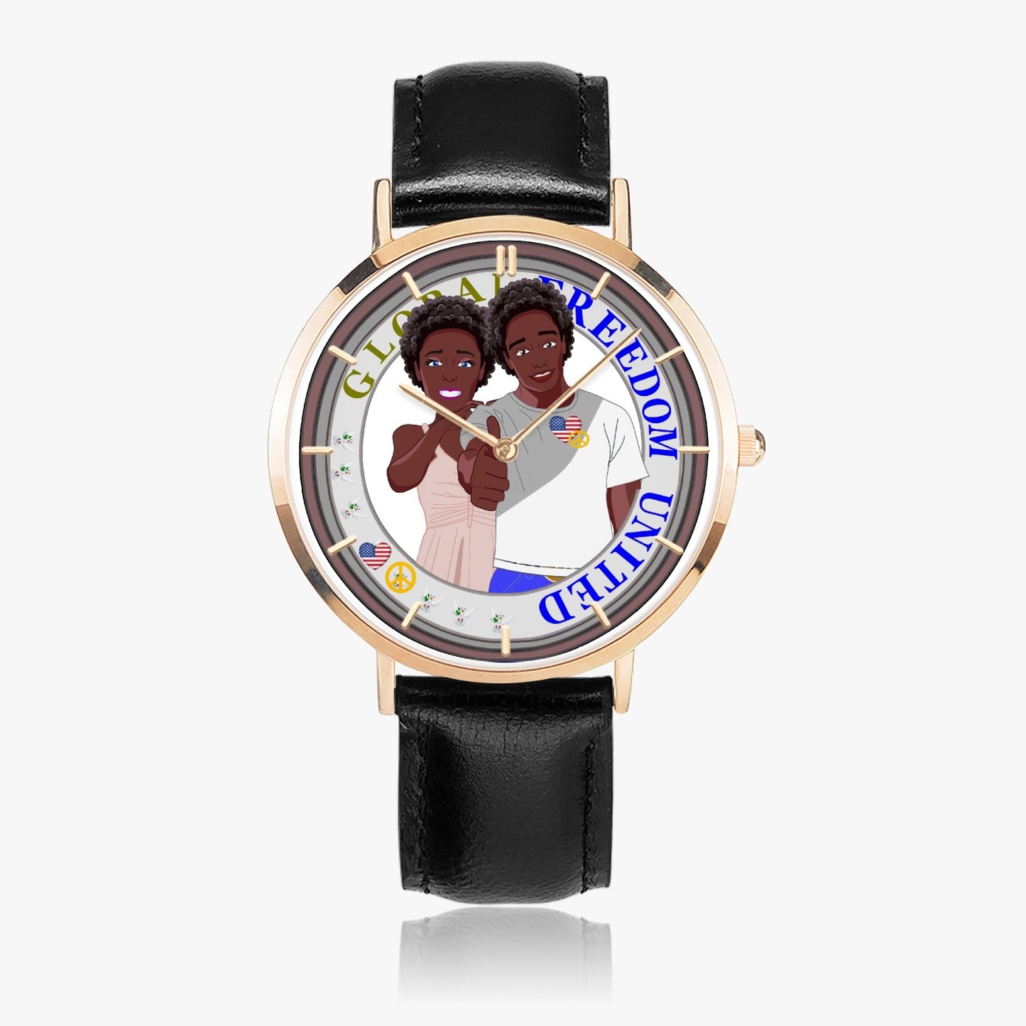 Hot Selling Ultra-Thin Leather Strap Quartz Watch (Rose Gold With Indicators) GLOBAL FREEDOM UNITED© COUPLE USA Afro Guys