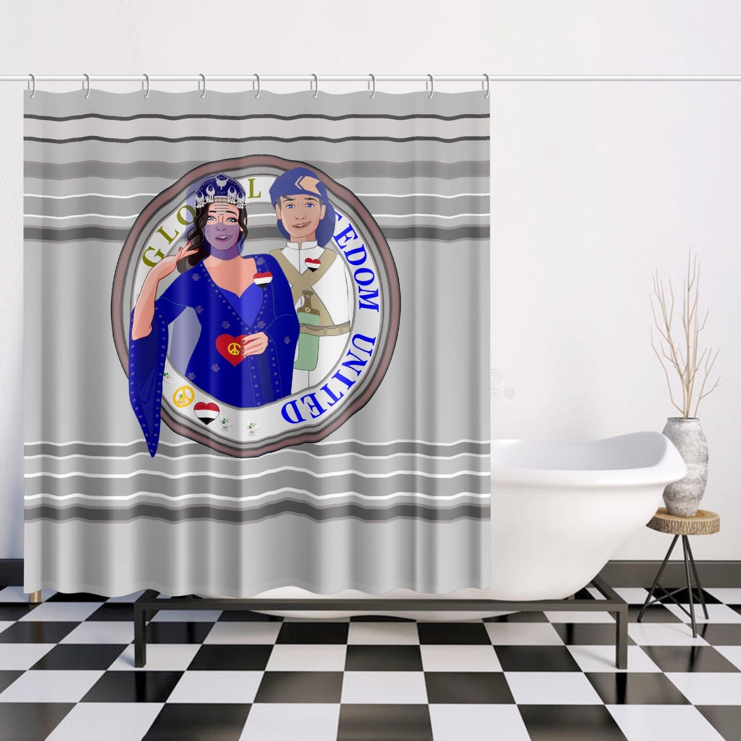 GLOBAL FREEDOM UNITED© Couple Yemen Grey - Quick-drying Shower Curtain