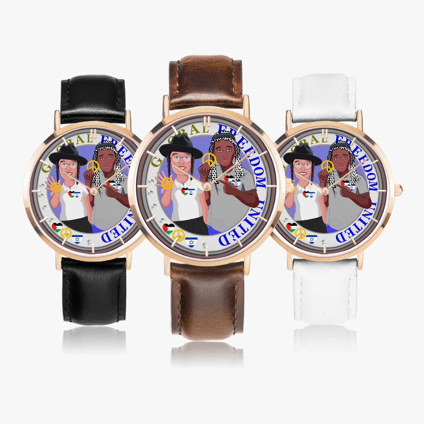 Hot Selling Ultra-Thin Leather Strap Quartz Watch (Rose Gold With Indicators) GLOBAL FREEDOM UNITED MEN ISRAEL & PALESTINA