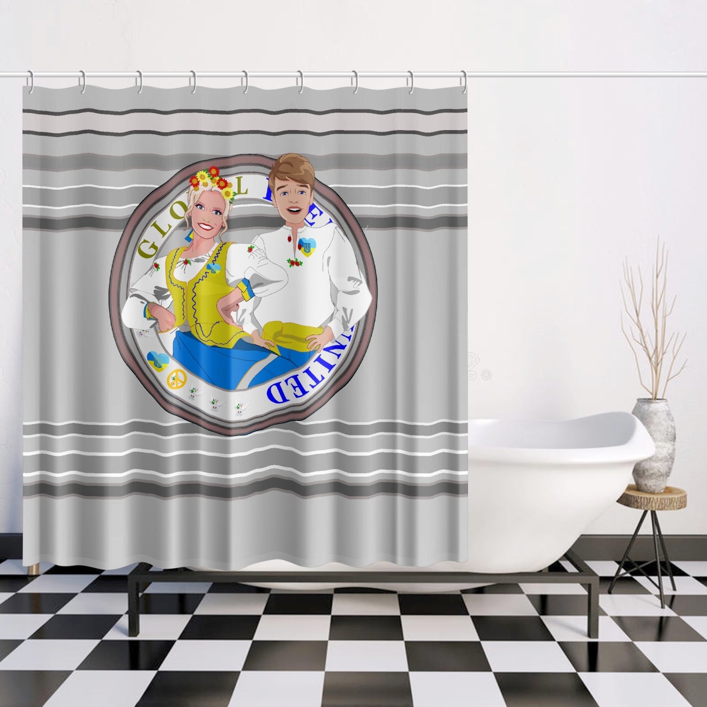 GLOBAL FREEDOM UNITED© Couple Ukrain Grey - Quick-drying Shower Curtain