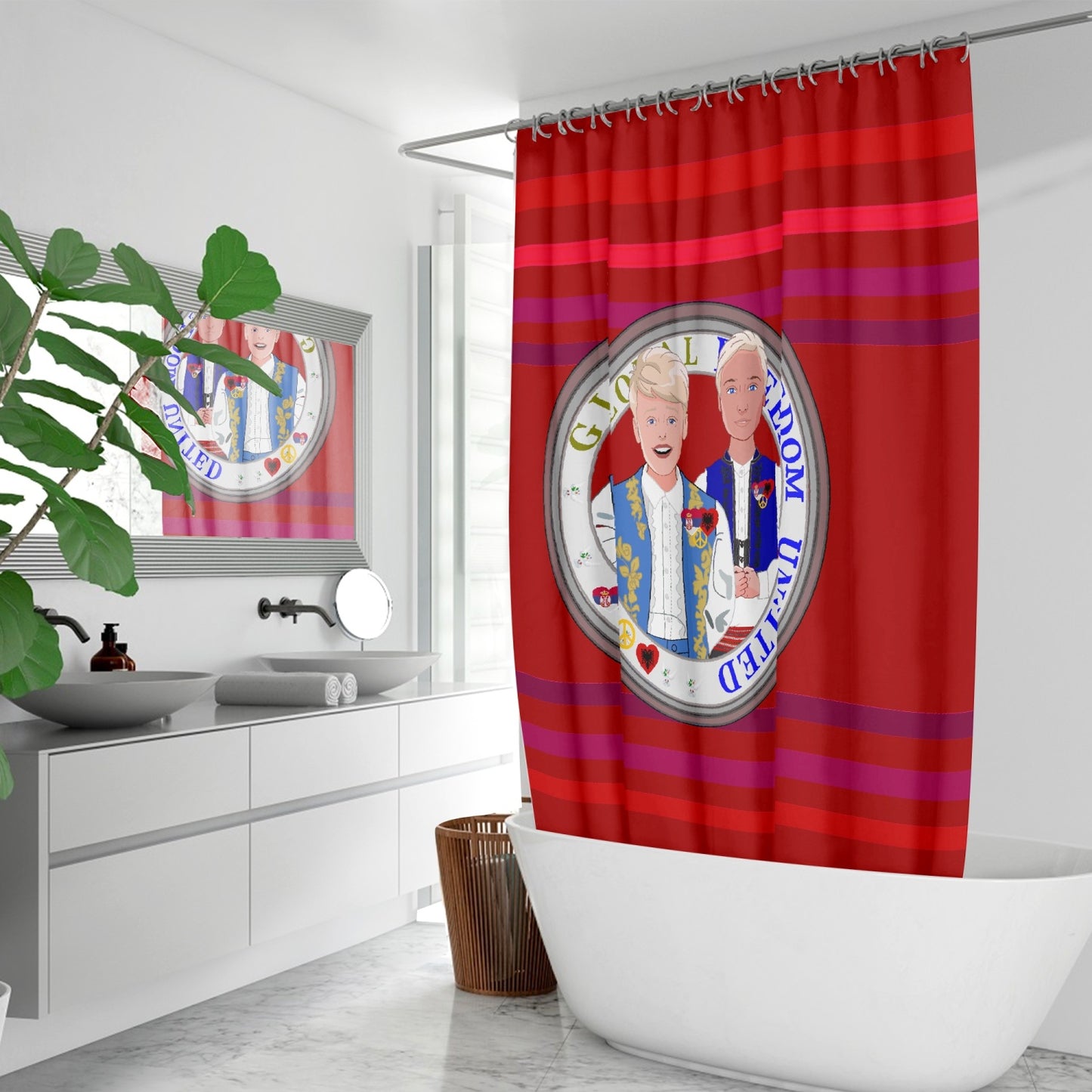 Quick-drying Shower Curtain GLOBAL FREEDOM UNITED© Men Albania & Serbia Red