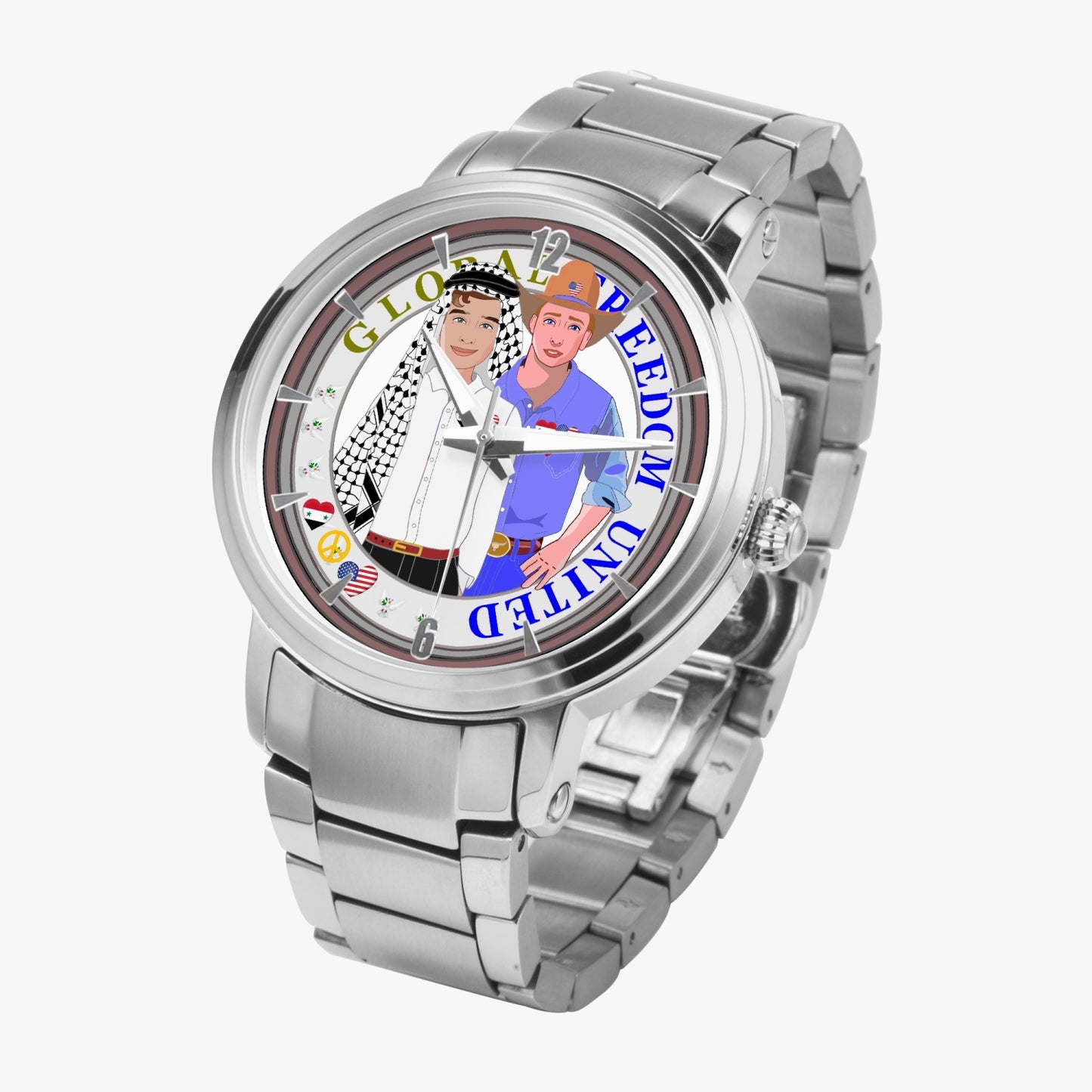 GLOBAL FREEDOM UNITED© New Steel Strap Automatic Watch (With Indicators) Men Syria & USA
