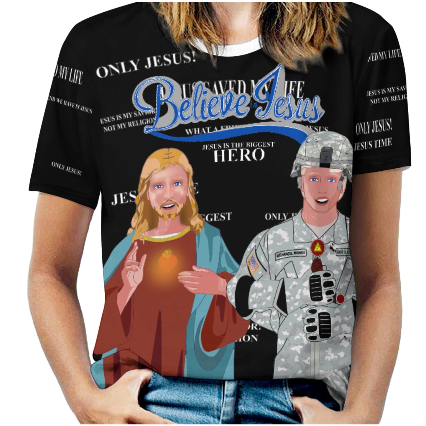 Women´s T-shirt  Black GLOBAL FREEDOM UNITED© Jesus Is A Hero For US American Soldiers