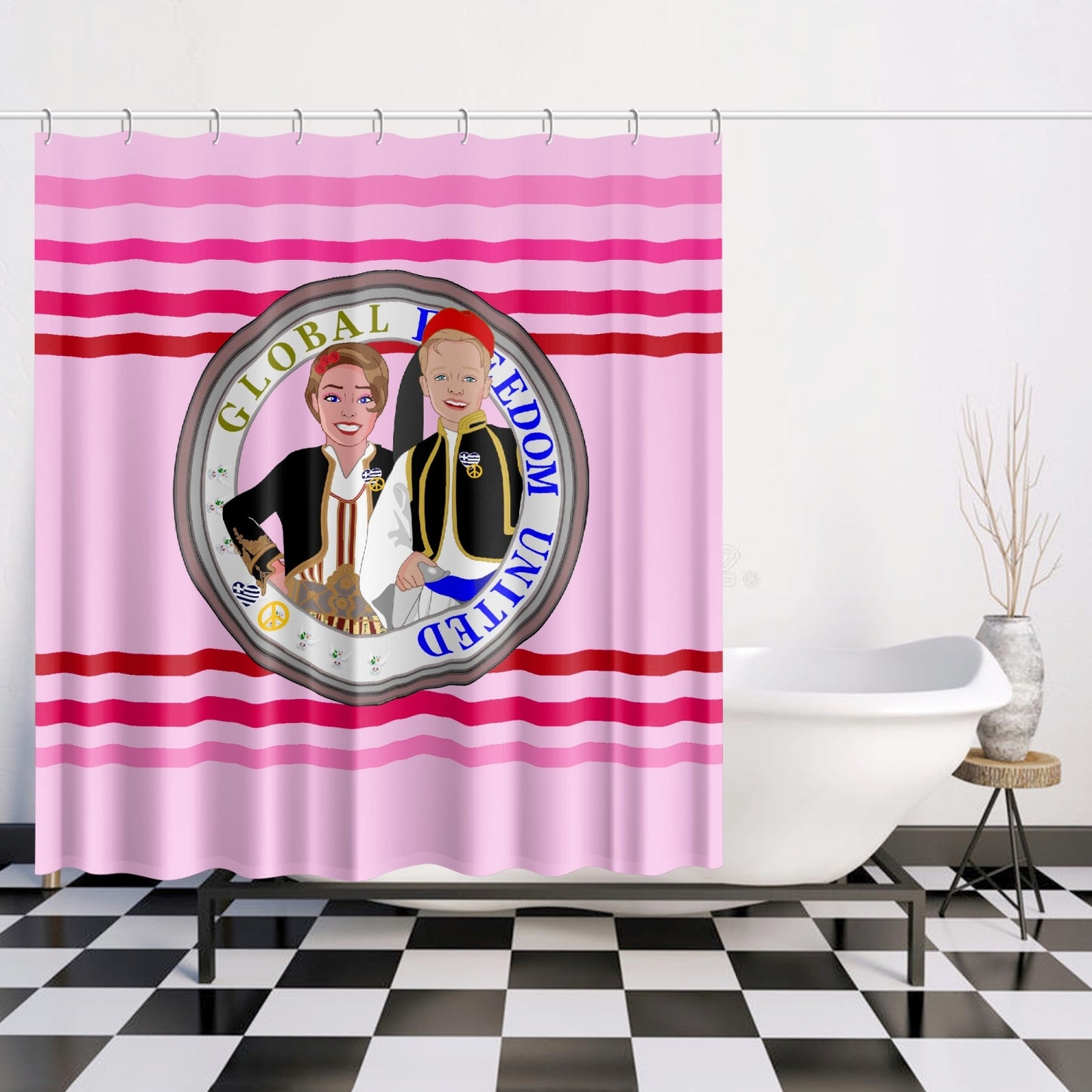 GLOBAL FREEDOM UNITED© Couple Greece  Pink1 Quick-drying Shower Curtain