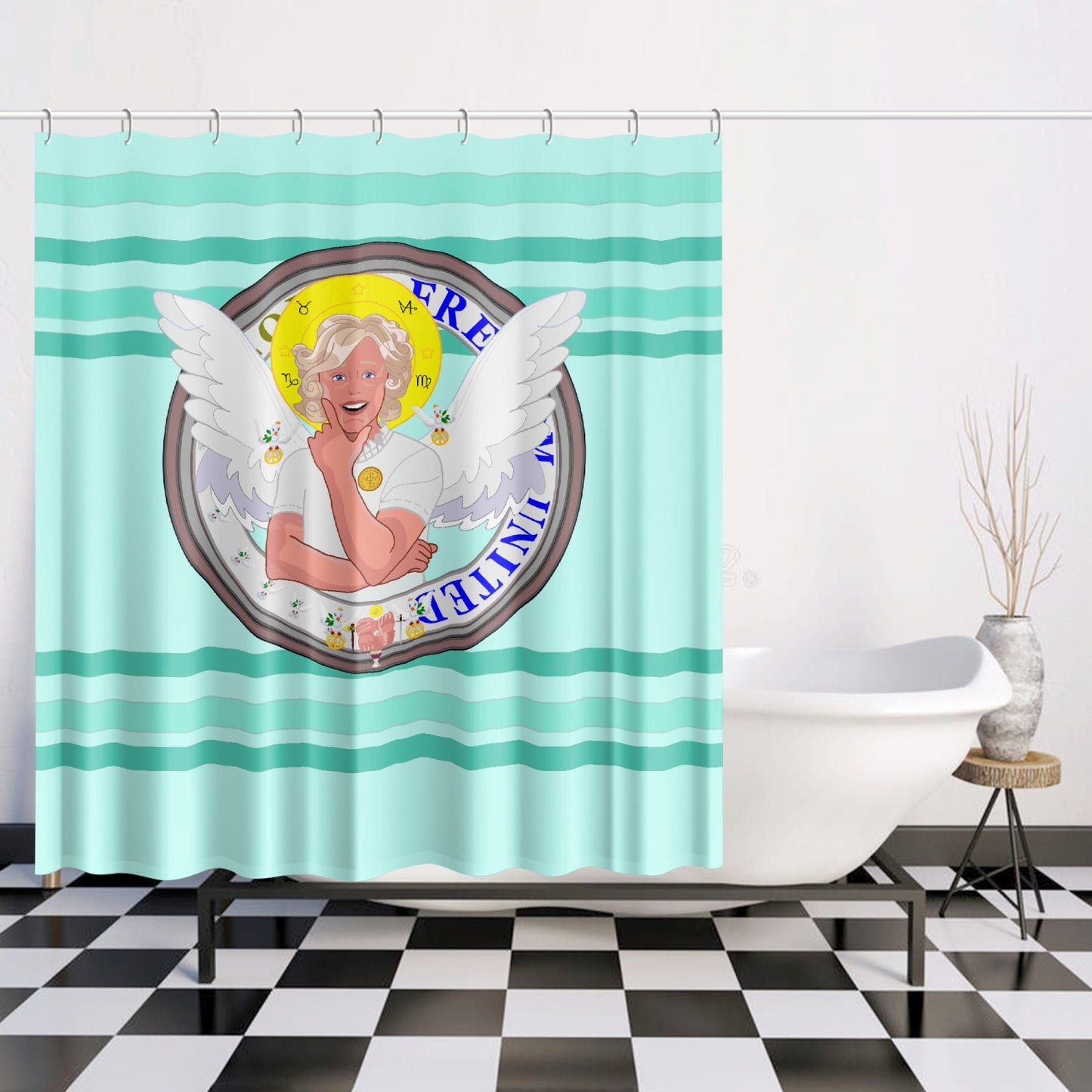 Quick-drying Shower Curtain GLOBAL FREEDOM UNITED© ARCHANGEL GABRIEL Light Green
