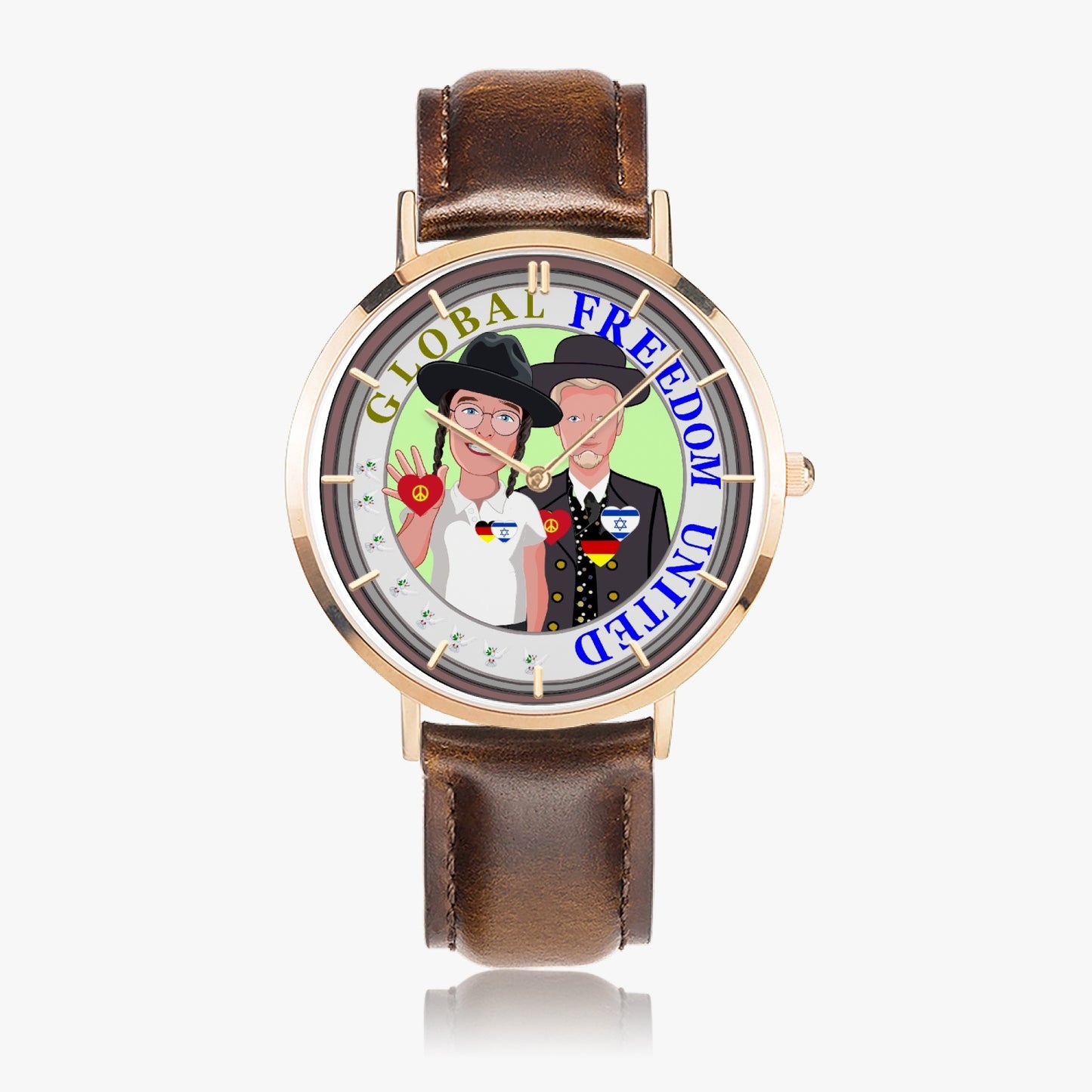 Hot Selling Ultra-Thin Leather Strap Quartz Watch (Rose Gold With Indicators) GLOBAL FREEDOM UNITED© MEN ISRAEL & GERMANY