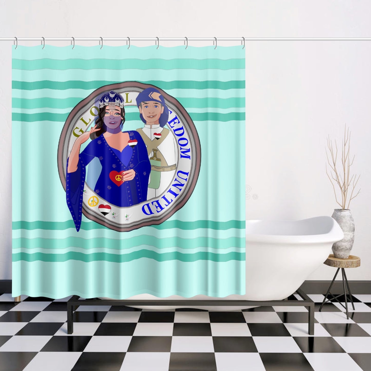 GLOBAL FREEDOM UNITED© Couple Yemen Light Green - Quick-drying Shower Curtain